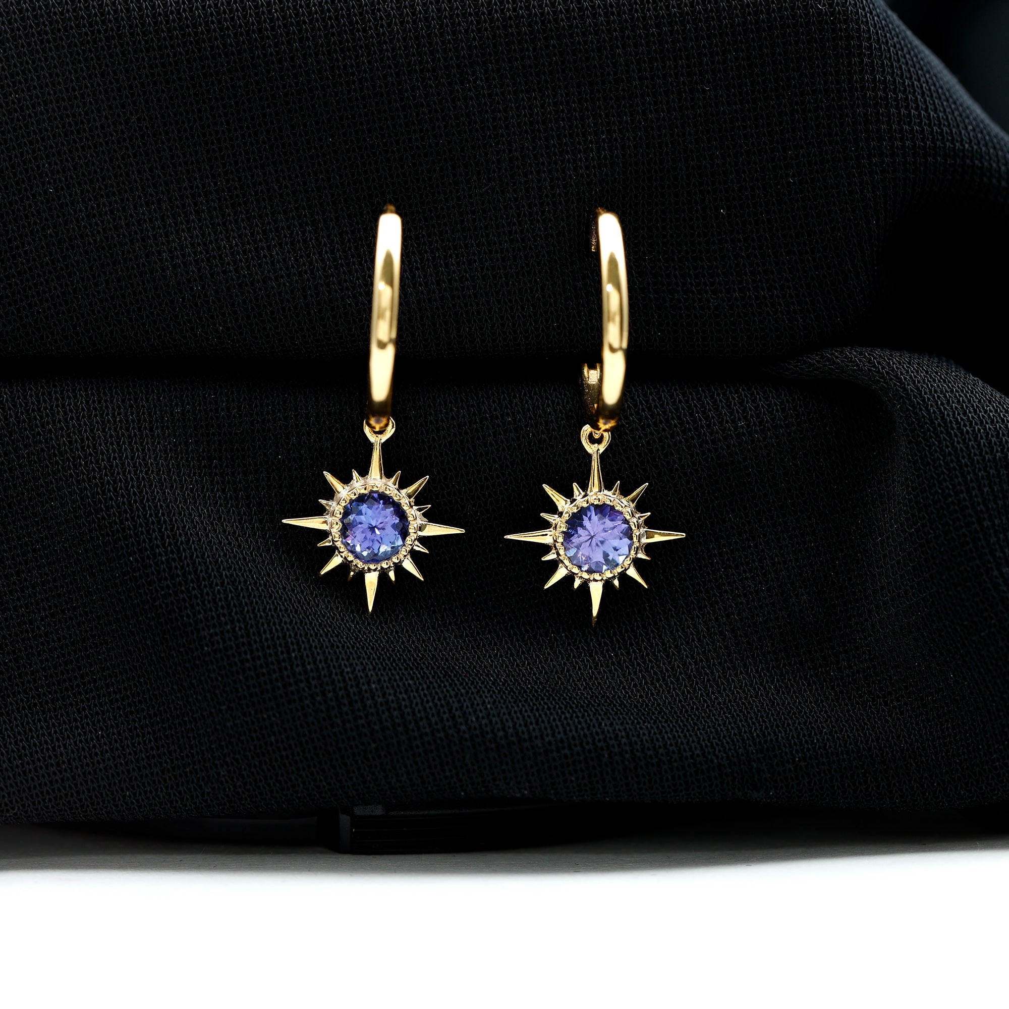 Real Tanzanite Sunburst Hoop Drop Earrings AAA - Rosec Jewels