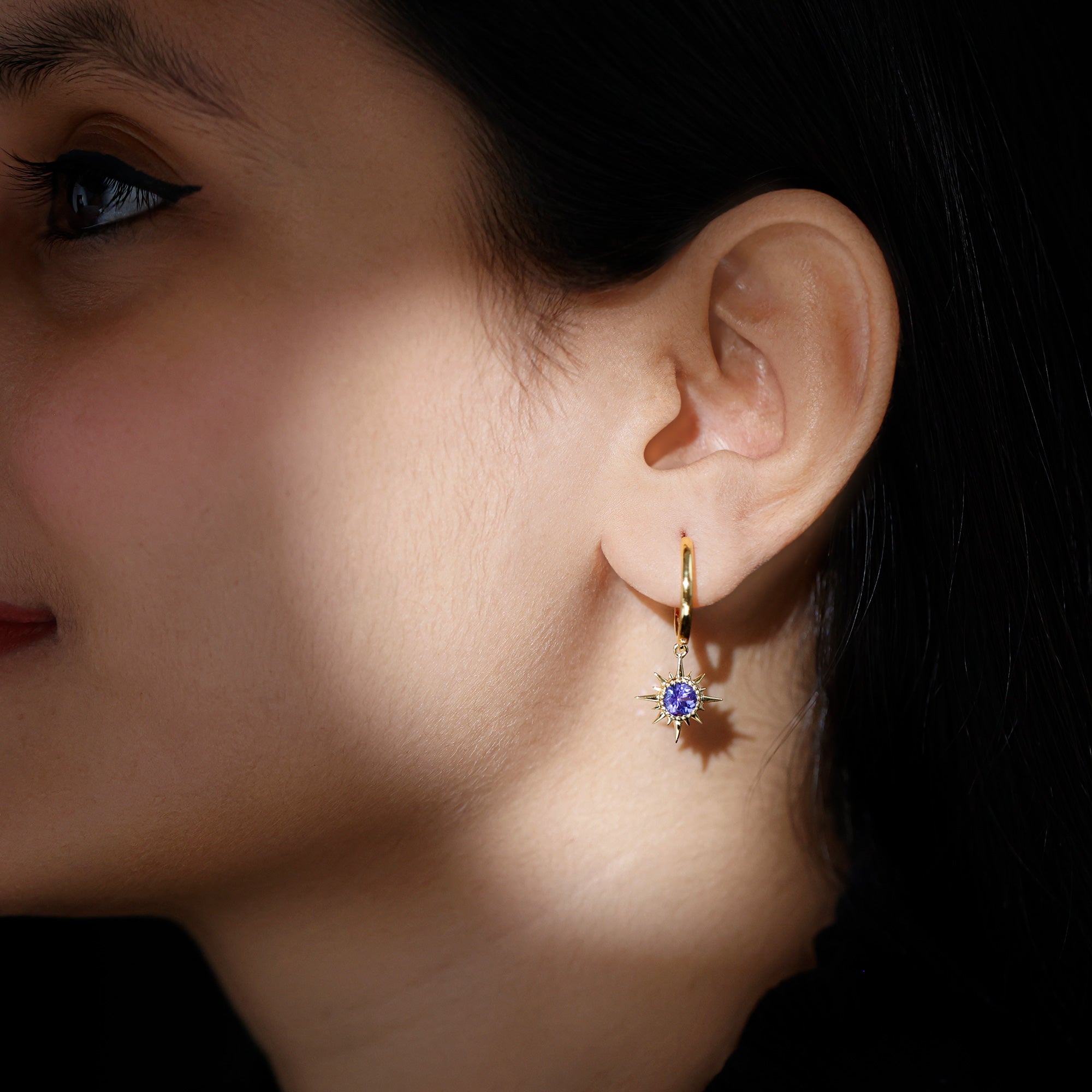 Real Tanzanite Sunburst Hoop Drop Earrings AAA - Rosec Jewels