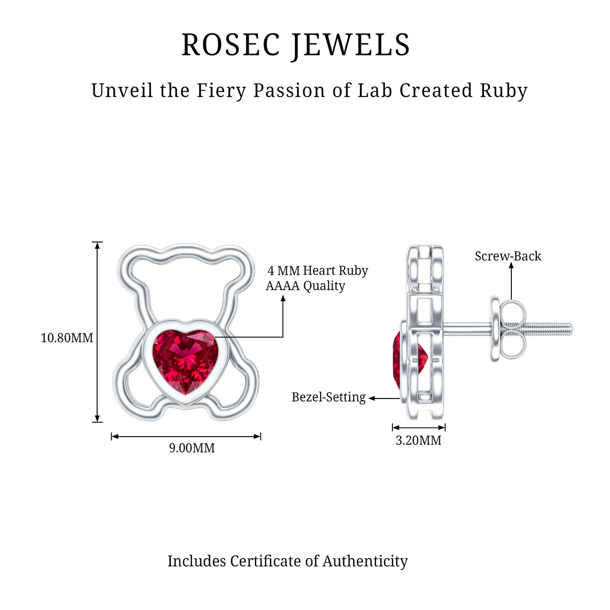 Certified Lab Created Ruby Teddy Bear Stud Earrings AAAA - Rosec Jewels