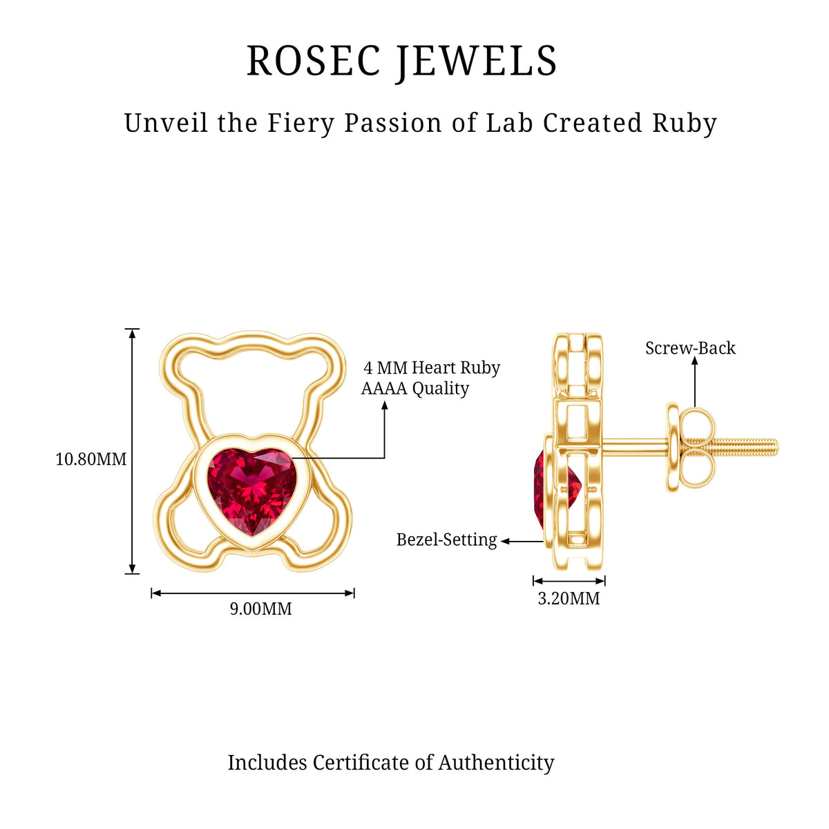 Certified Lab Created Ruby Teddy Bear Stud Earrings AAAA - Rosec Jewels