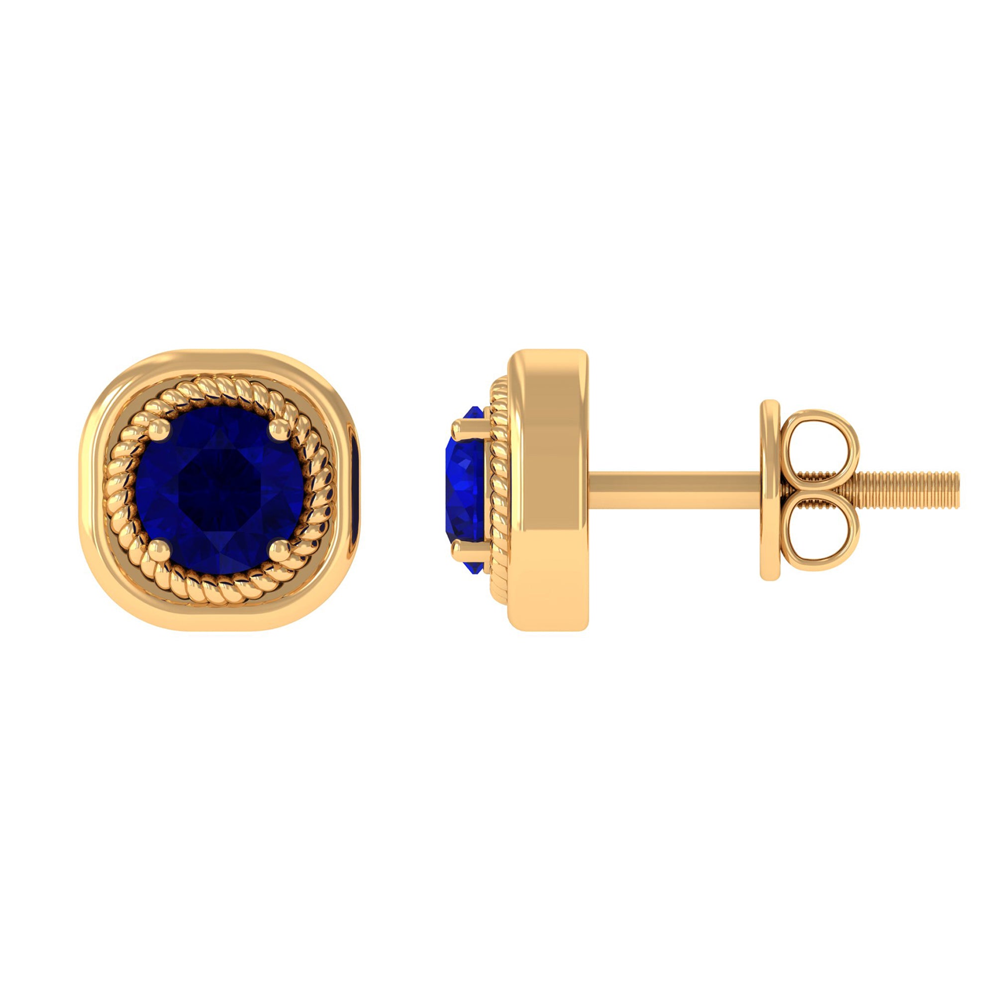 Blue Sapphire Solitaire Stud Earrings with Rope Frame Embellishment Blue Sapphire - ( AAA ) - Quality - Rosec Jewels