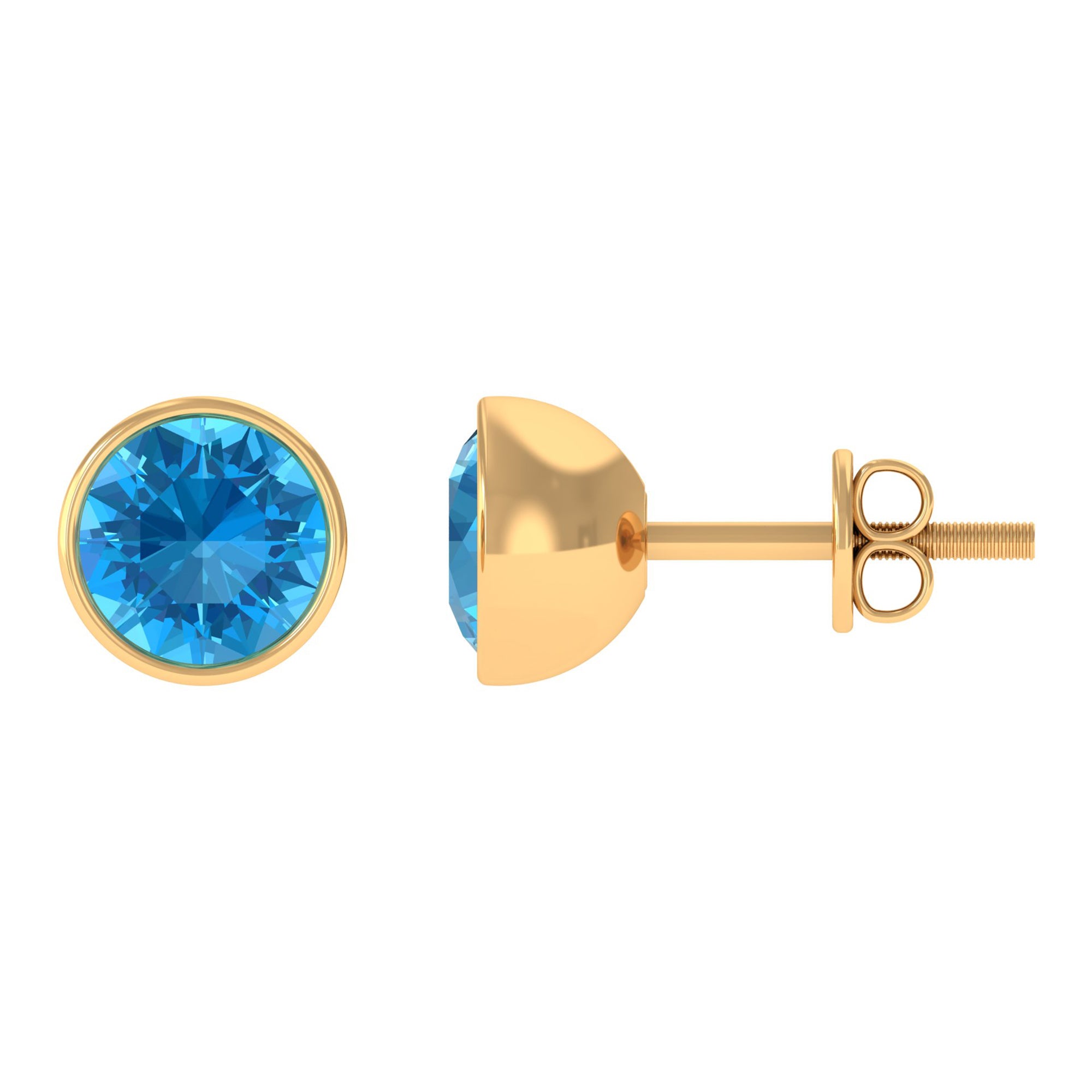 Round Swiss Blue Topaz Solitaire Stud Earrings in Bezel Setting Swiss Blue Topaz - ( AAA ) - Quality - Rosec Jewels