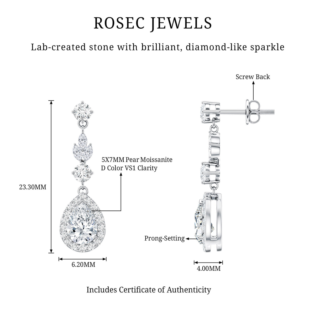 Classic Pear Shape Moissanite Bridal Dangle Earrings D-VS1 - Rosec Jewels
