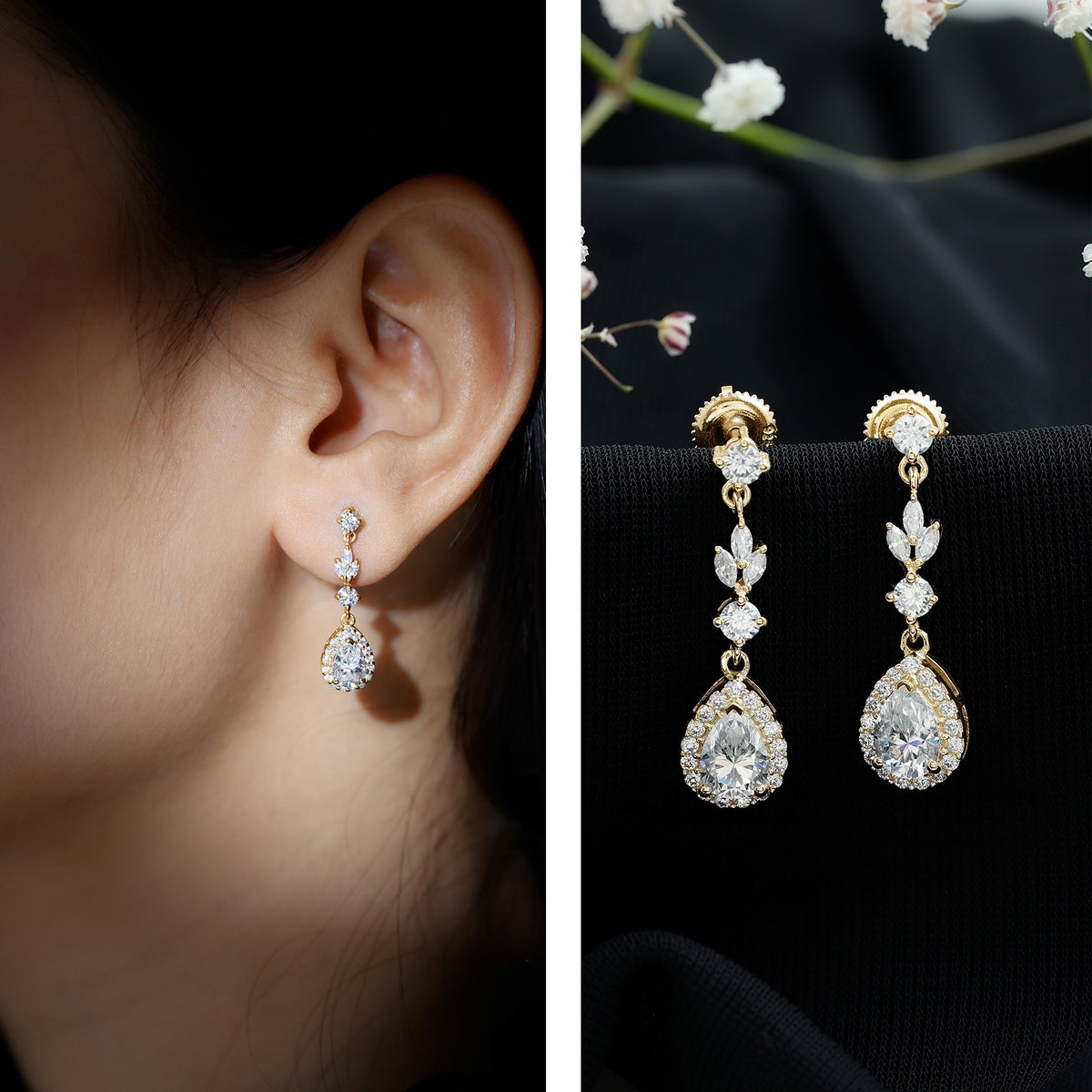 Classic Pear Shape Moissanite Bridal Dangle Earrings D-VS1 - Rosec Jewels
