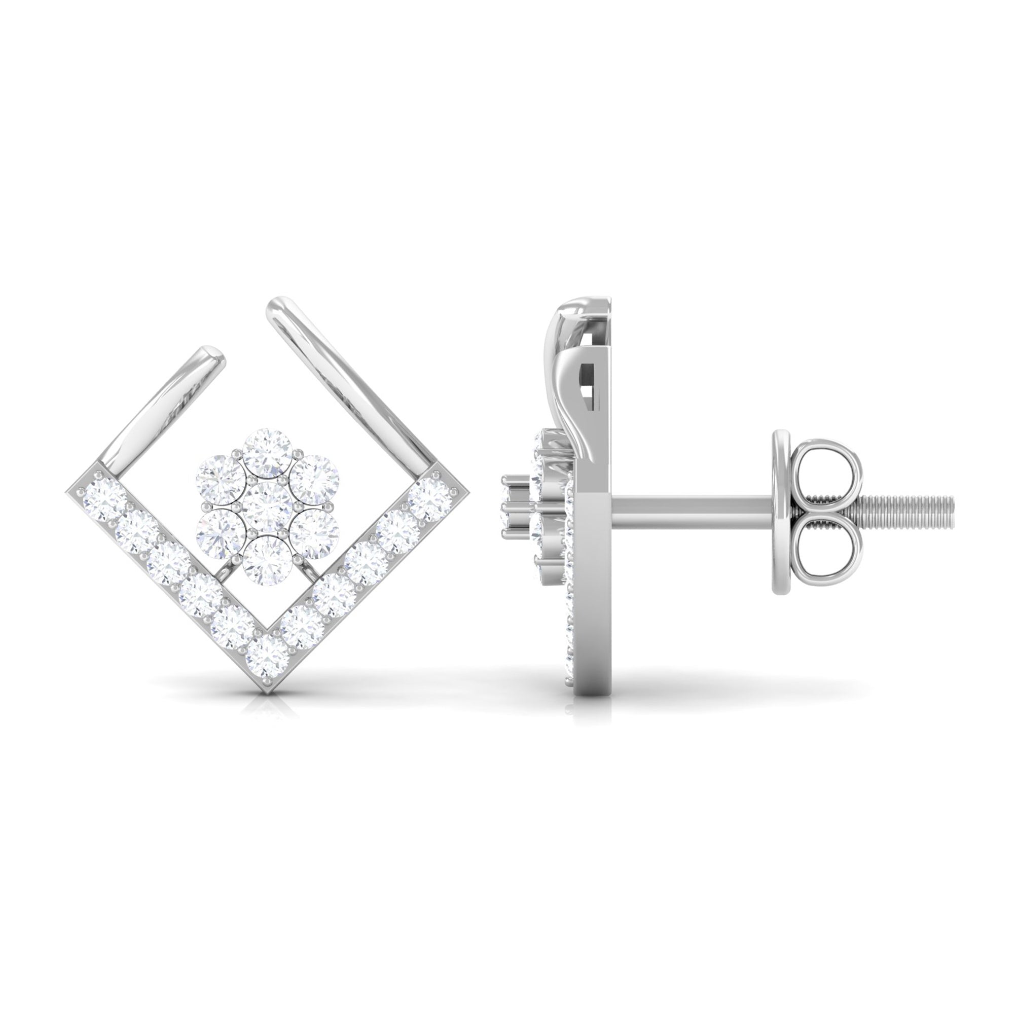 Open Rhombus and Zircon Flower Stud Earrings Zircon - ( AAAA ) - Quality - Rosec Jewels