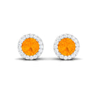 Round Fire Opal Minimal Halo Stud Earrings with Diamond Fire Opal - ( AAA ) - Quality - Rosec Jewels