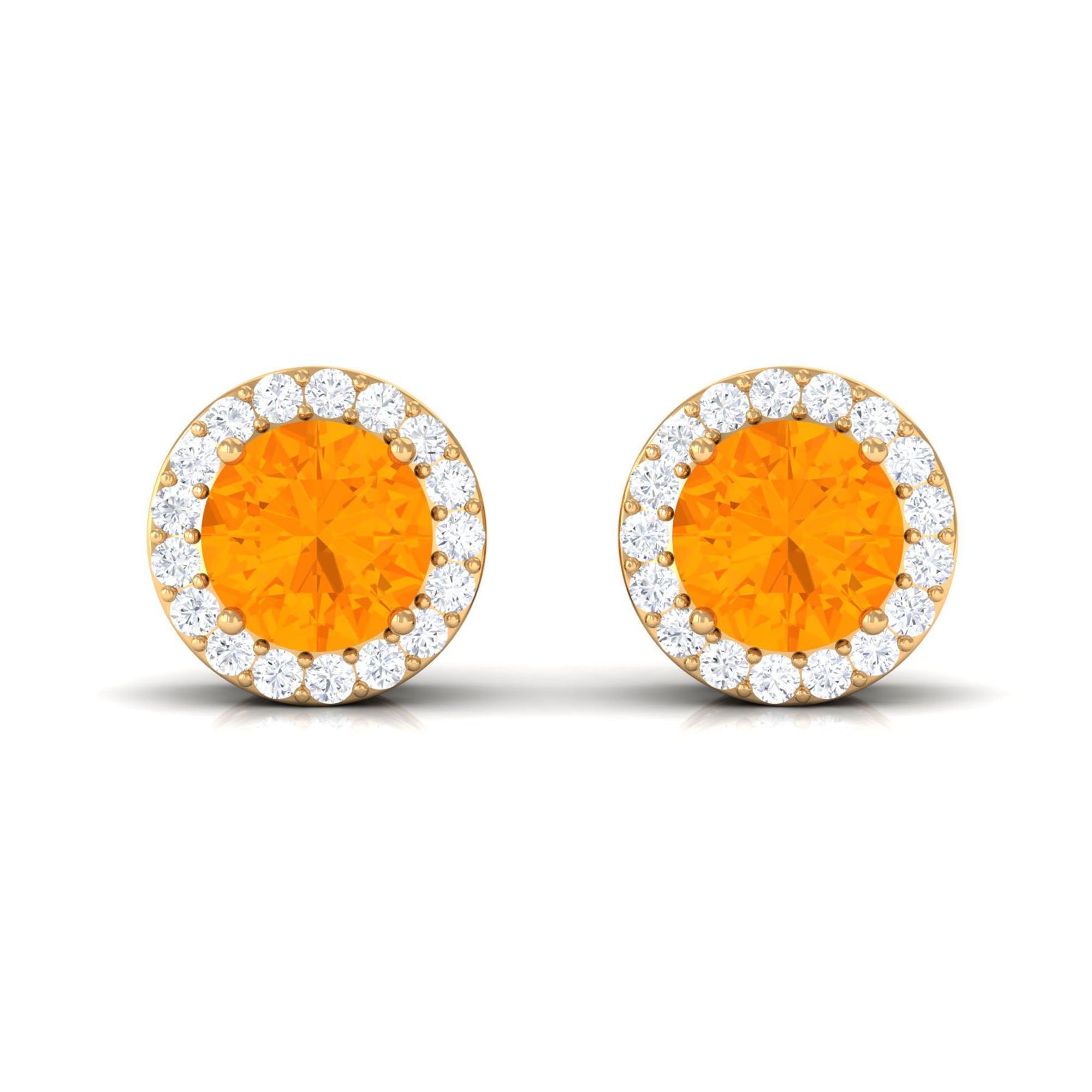 Round Fire Opal Minimal Halo Stud Earrings with Diamond Fire Opal - ( AAA ) - Quality - Rosec Jewels