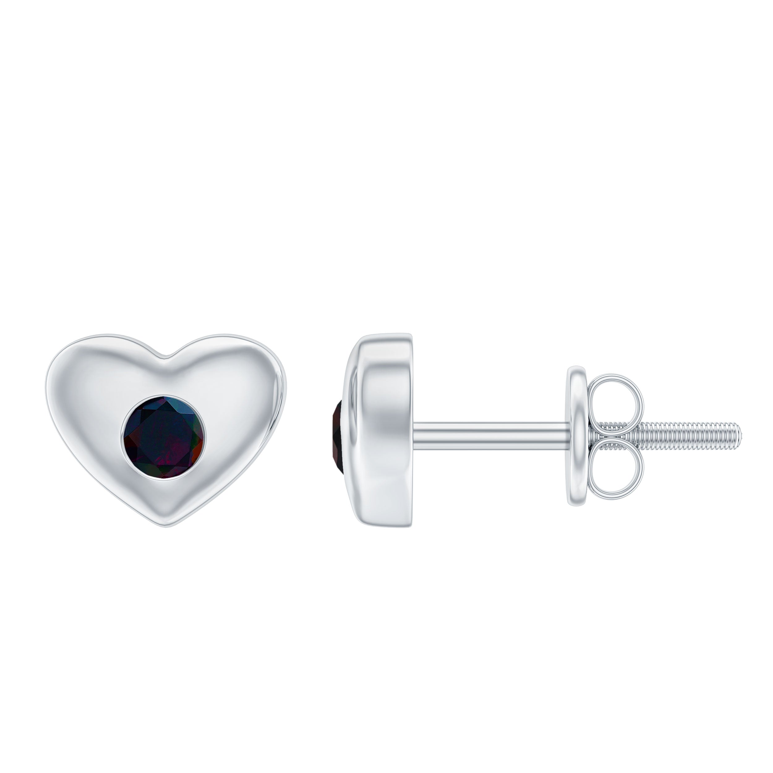 Heart Shape Stud Earrings with Round Black Opal in Gypsy Setting Black Opal - ( AAA ) - Quality - Rosec Jewels