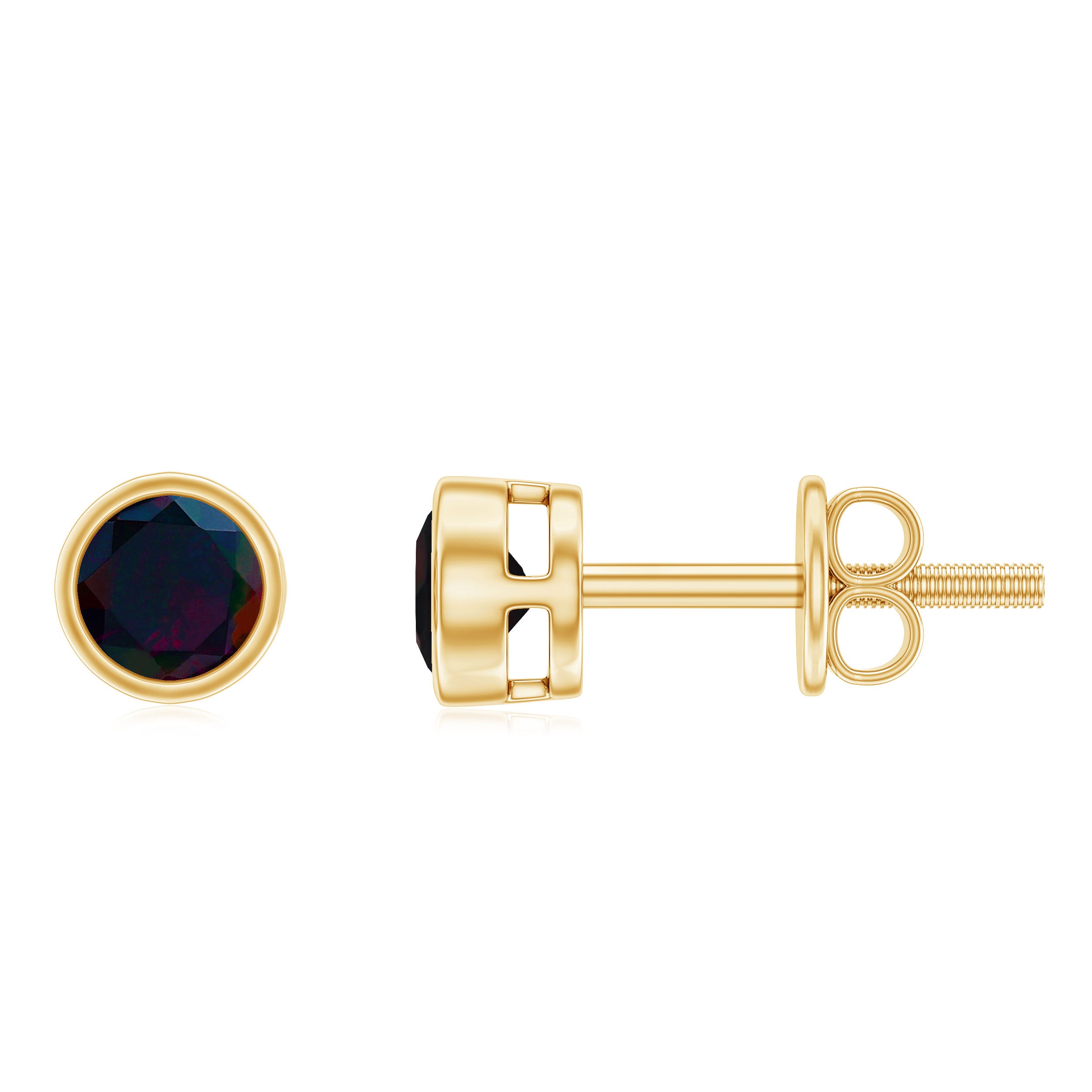 Minimal Round Black Opal Solitaire Stud Earrings in Gold Black Opal - ( AAA ) - Quality - Rosec Jewels