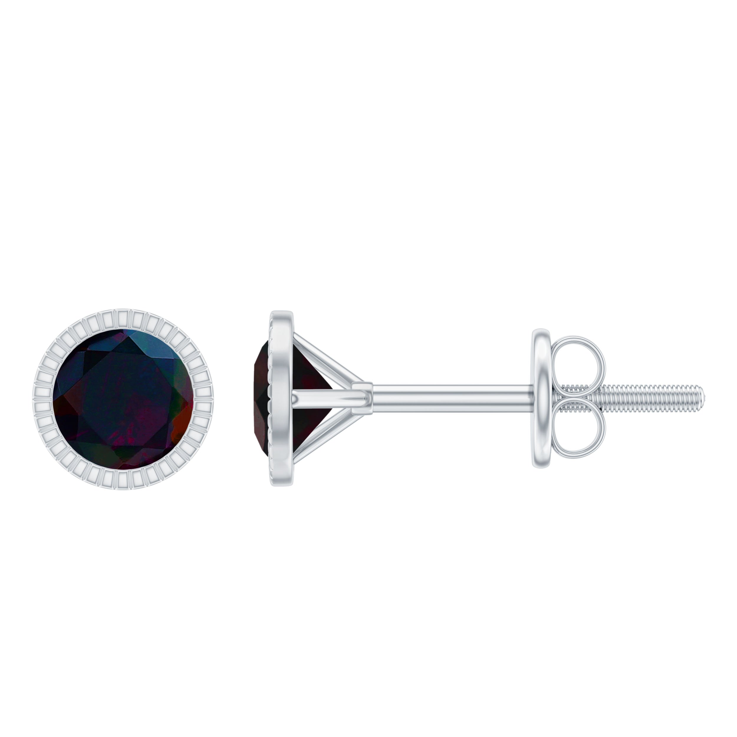 Milgrain Bezel Set Round Black Opal Solitaire Stud Earrings Black Opal - ( AAA ) - Quality - Rosec Jewels
