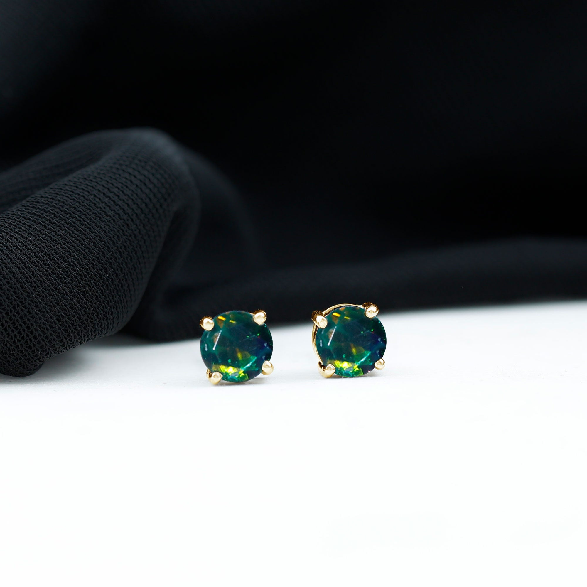 Simple Stud Earrings with Round Solitaire Black Opal Black Opal - ( AAA ) - Quality - Rosec Jewels