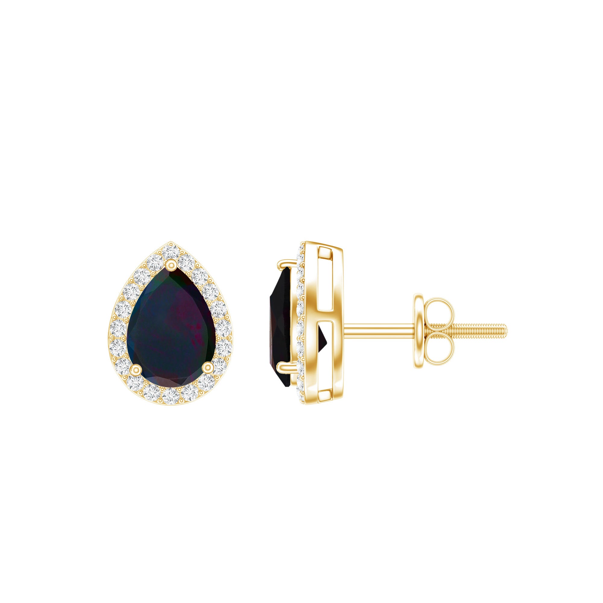 Classic Pear Cut Black Opal and Moissanite Halo Stud Earrings AAA - Rosec Jewels