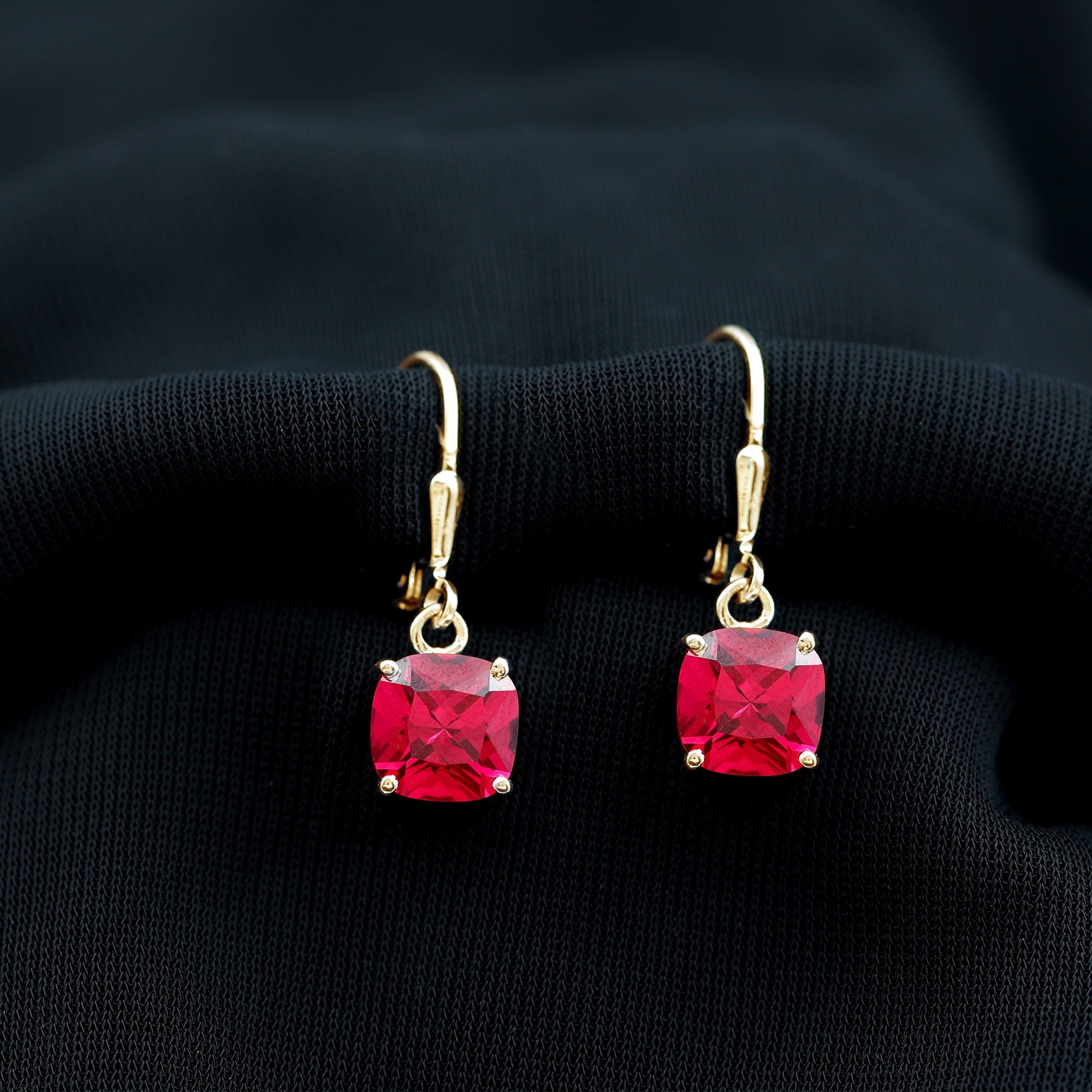 Cushion Cut Solitaire Created Ruby Drop Earrings Lab Created Ruby - ( AAAA ) - Quality - Rosec Jewels
