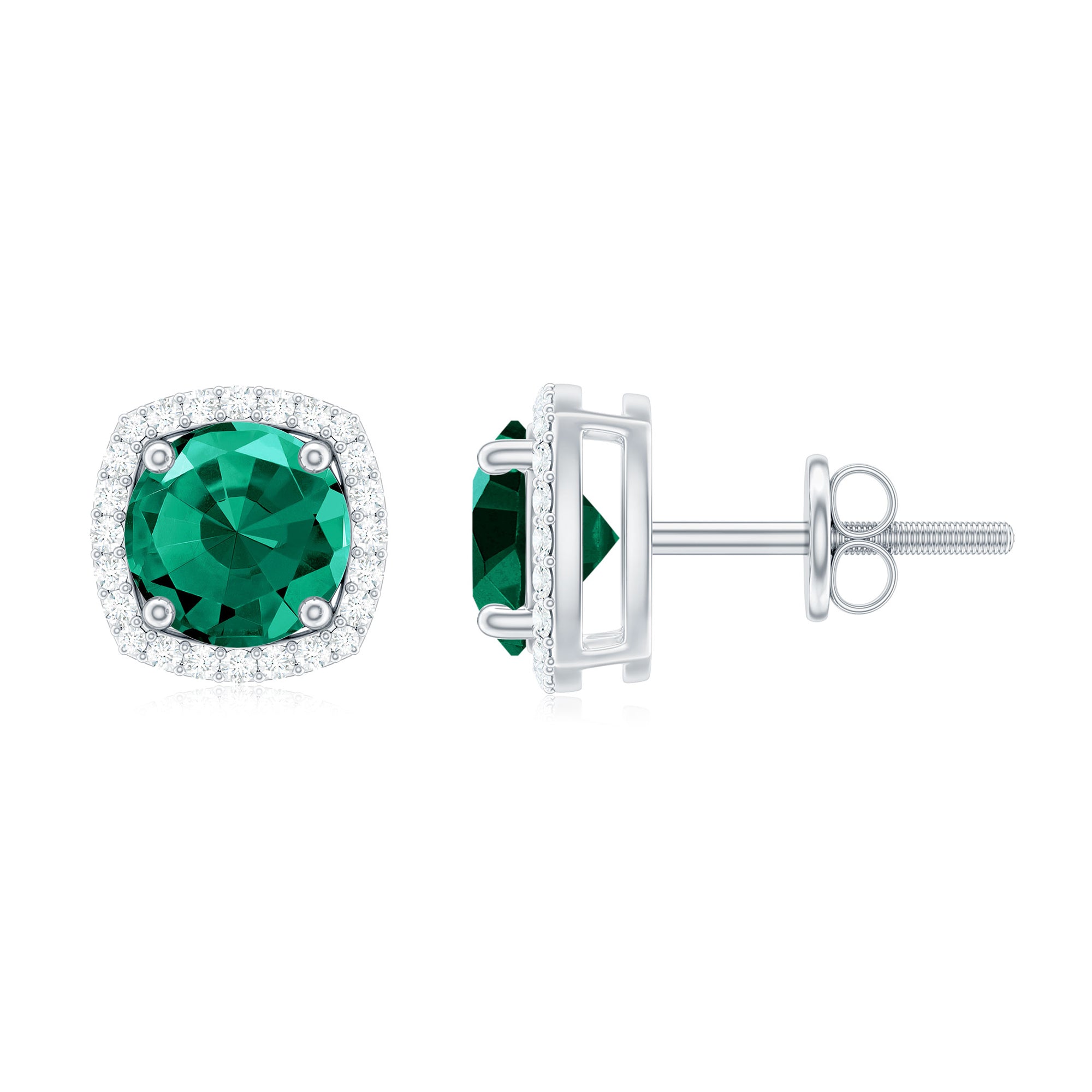 Classic Created Emerald Halo Stud Earrings with Moissanite Gold Lab Created Emerald - ( AAAA ) - Quality - Rosec Jewels