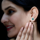 Lab Created Emerald Oval Stud Earrings with Moissanite Halo AAAA - Rosec Jewels