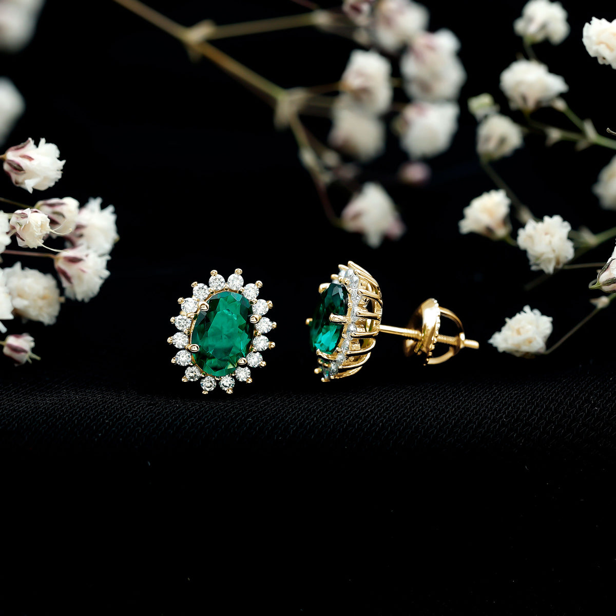 Lab Created Emerald Oval Stud Earrings with Moissanite Halo AAAA - Rosec Jewels