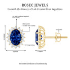 Lab Created Blue Sapphire Oval Stud Earrings with Moissanite Halo AAAA - Rosec Jewels