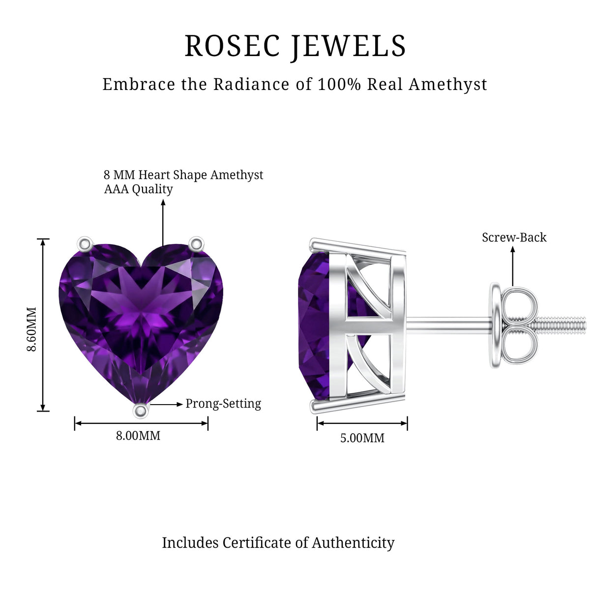 Heart Shape Amethyst Solitaire Stud Earrings for Her AAA - Rosec Jewels