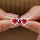 4.25 CT Heart Shape Created Ruby and Moissanite Halo Stud Earrings Lab Created Ruby - ( AAAA ) - Quality - Rosec Jewels