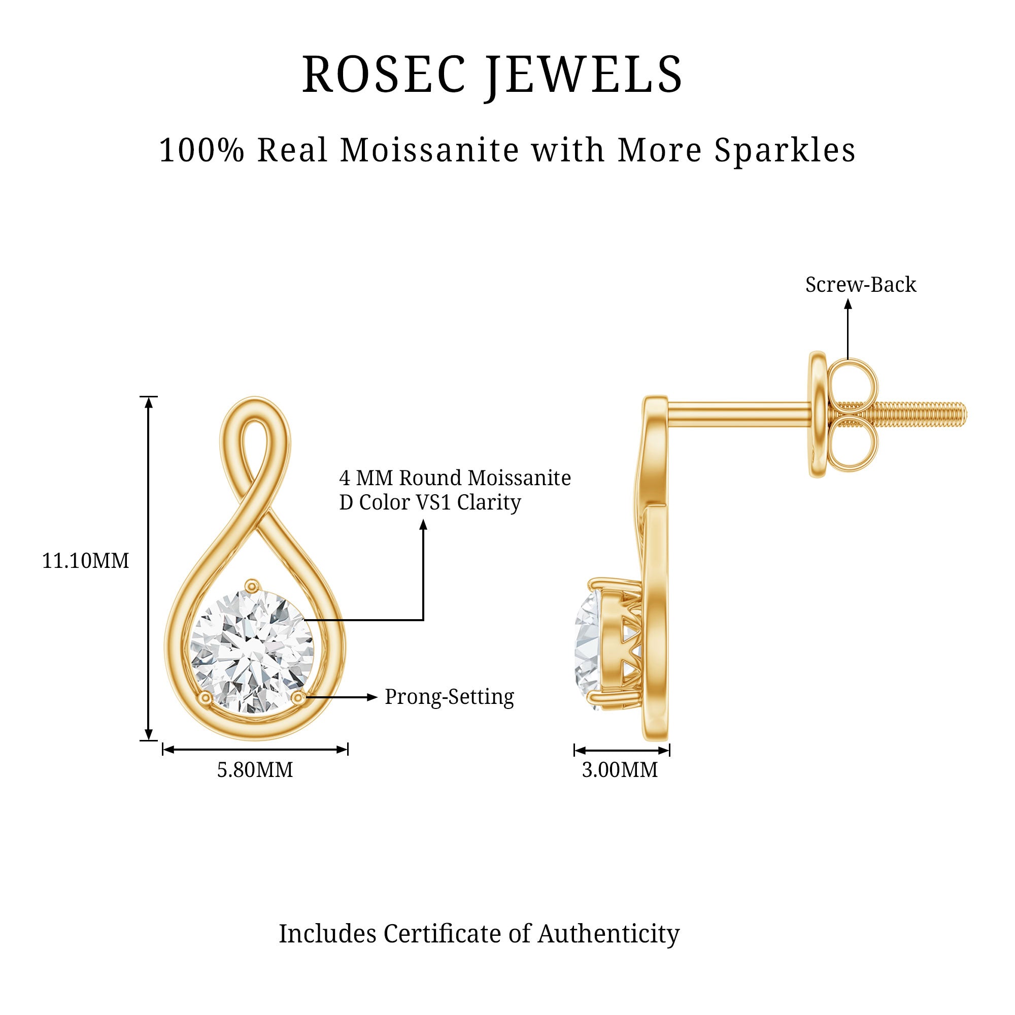 0.50 CT Round Cut Moissanite Infinity Stud Earrings D-VS1 - Rosec Jewels