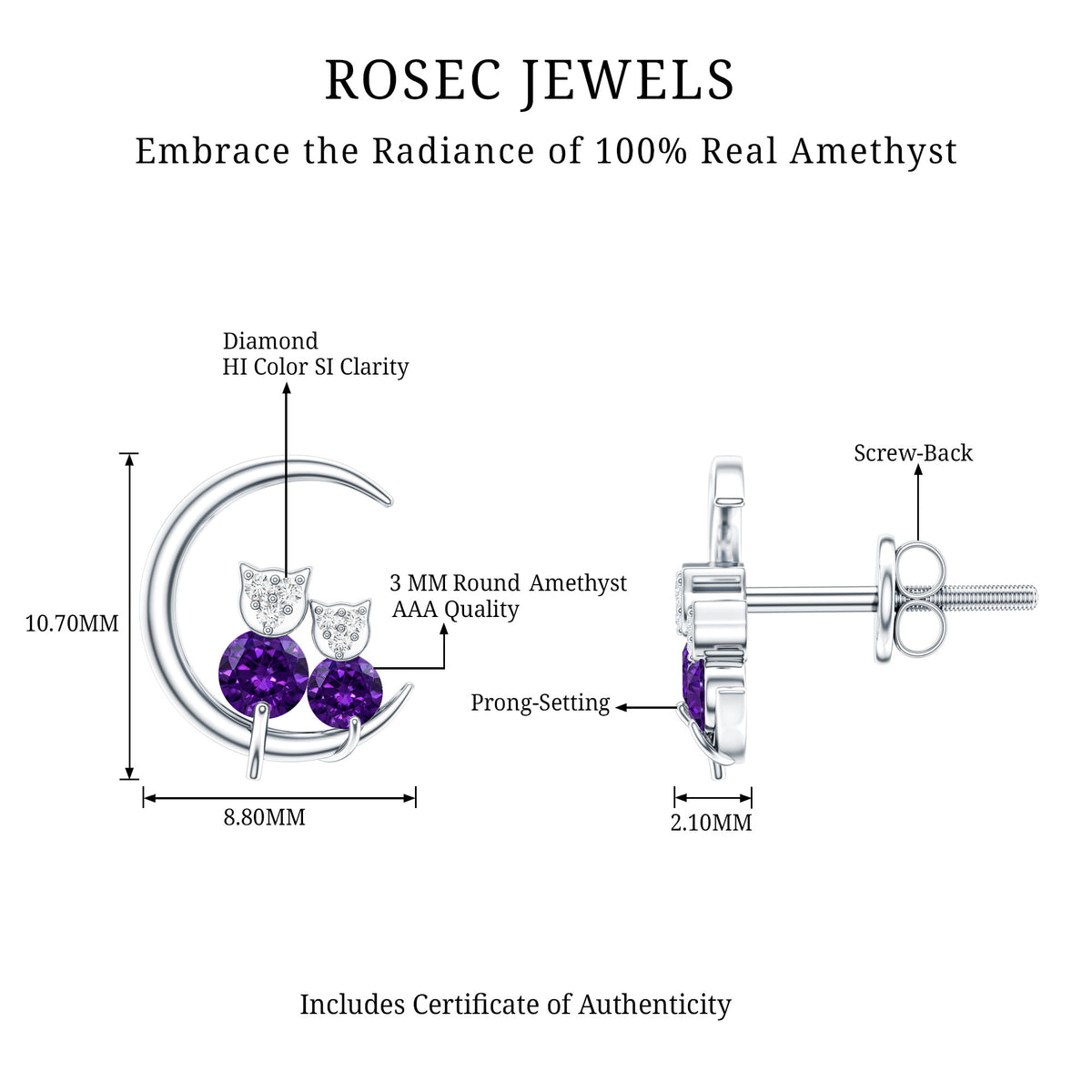 Natural Amethyst and Diamond Cat on Moon Stud Earrings AAA - Rosec Jewels