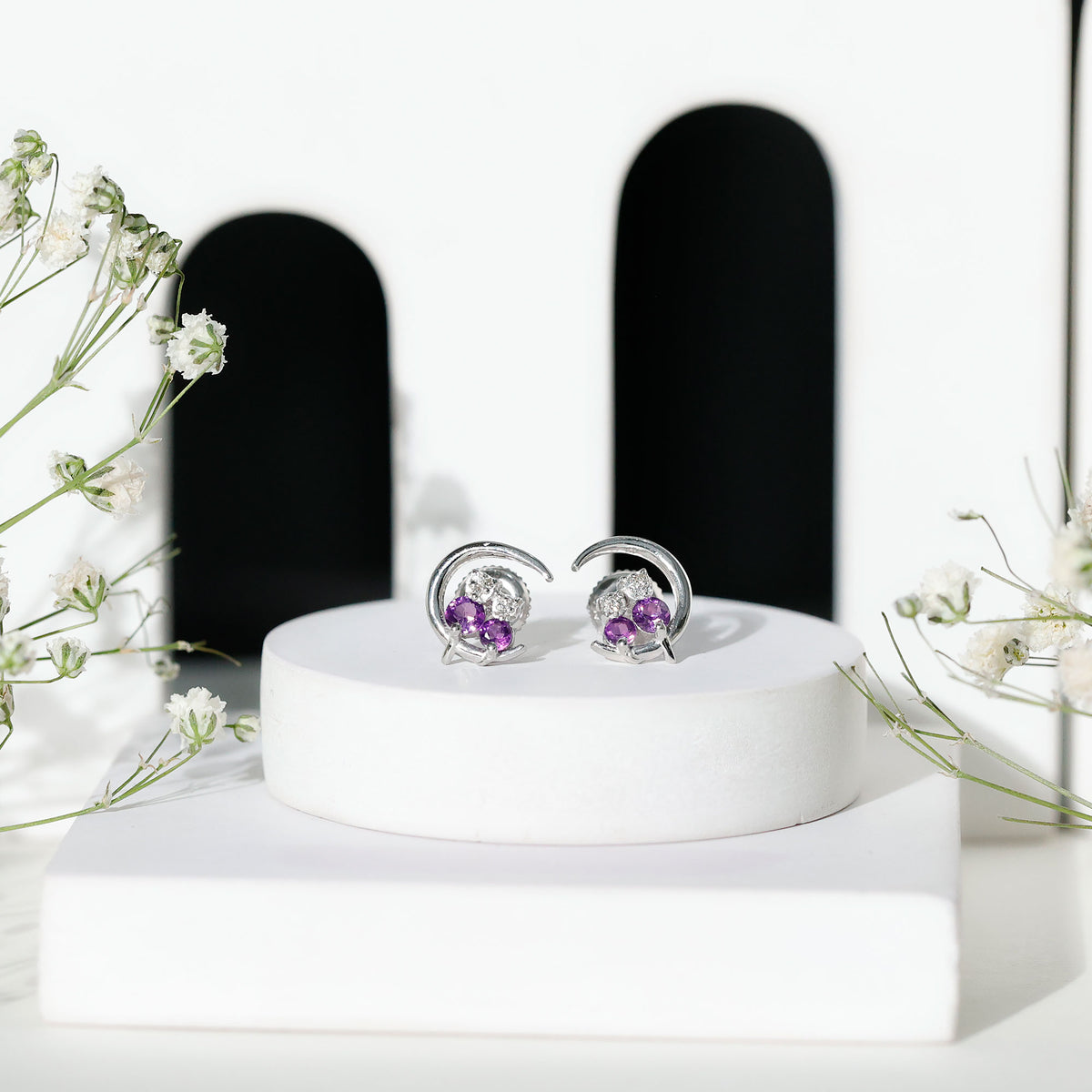 Natural Amethyst and Diamond Cat on Moon Stud Earrings AAA - Rosec Jewels