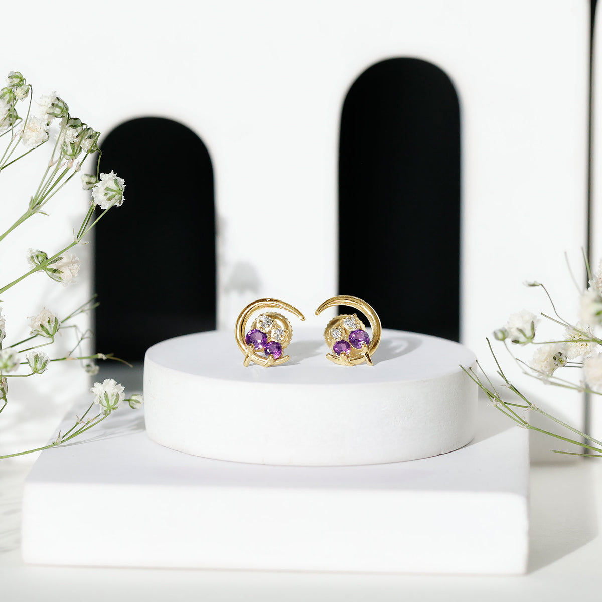 Natural Amethyst and Diamond Cat on Moon Stud Earrings AAA - Rosec Jewels