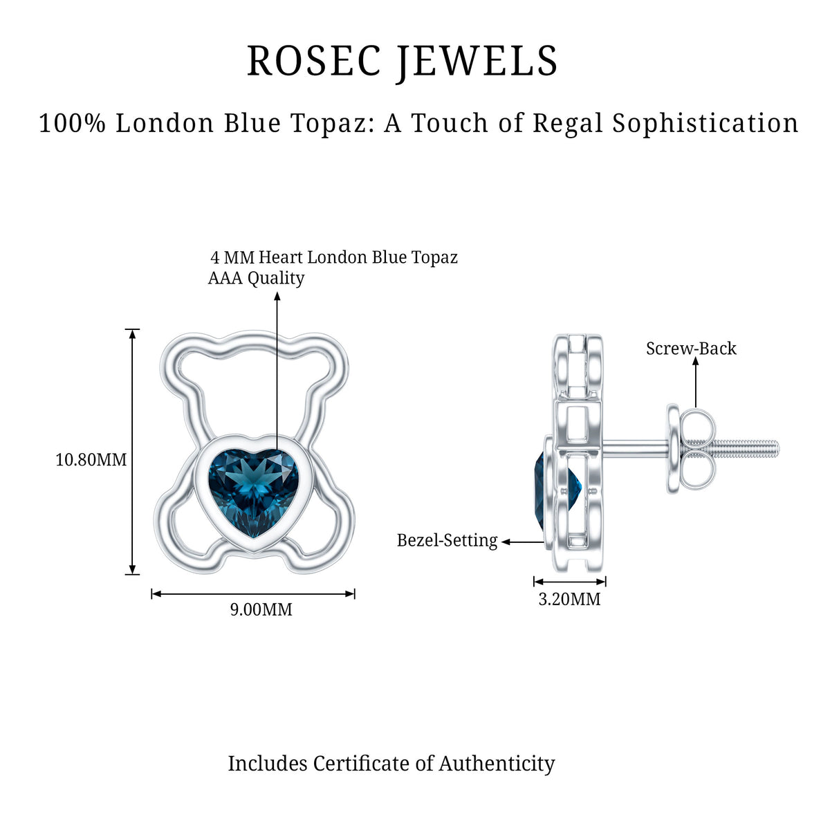 1/2 CT Heart Shape London Blue Topaz Teddy Bear Earrings AAA - Rosec Jewels