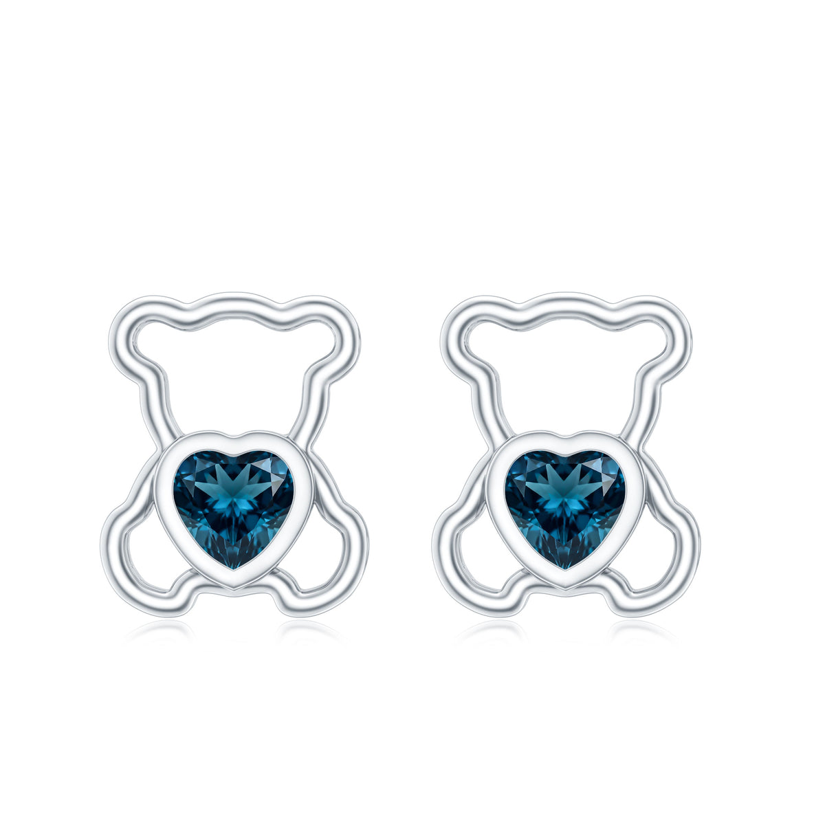 1/2 CT Heart Shape London Blue Topaz Teddy Bear Earrings AAA - Rosec Jewels