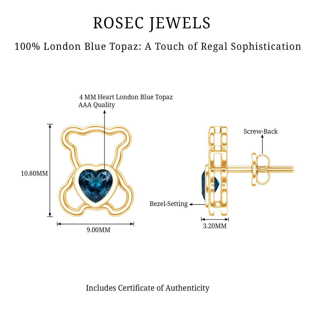 1/2 CT Heart Shape London Blue Topaz Teddy Bear Earrings AAA - Rosec Jewels