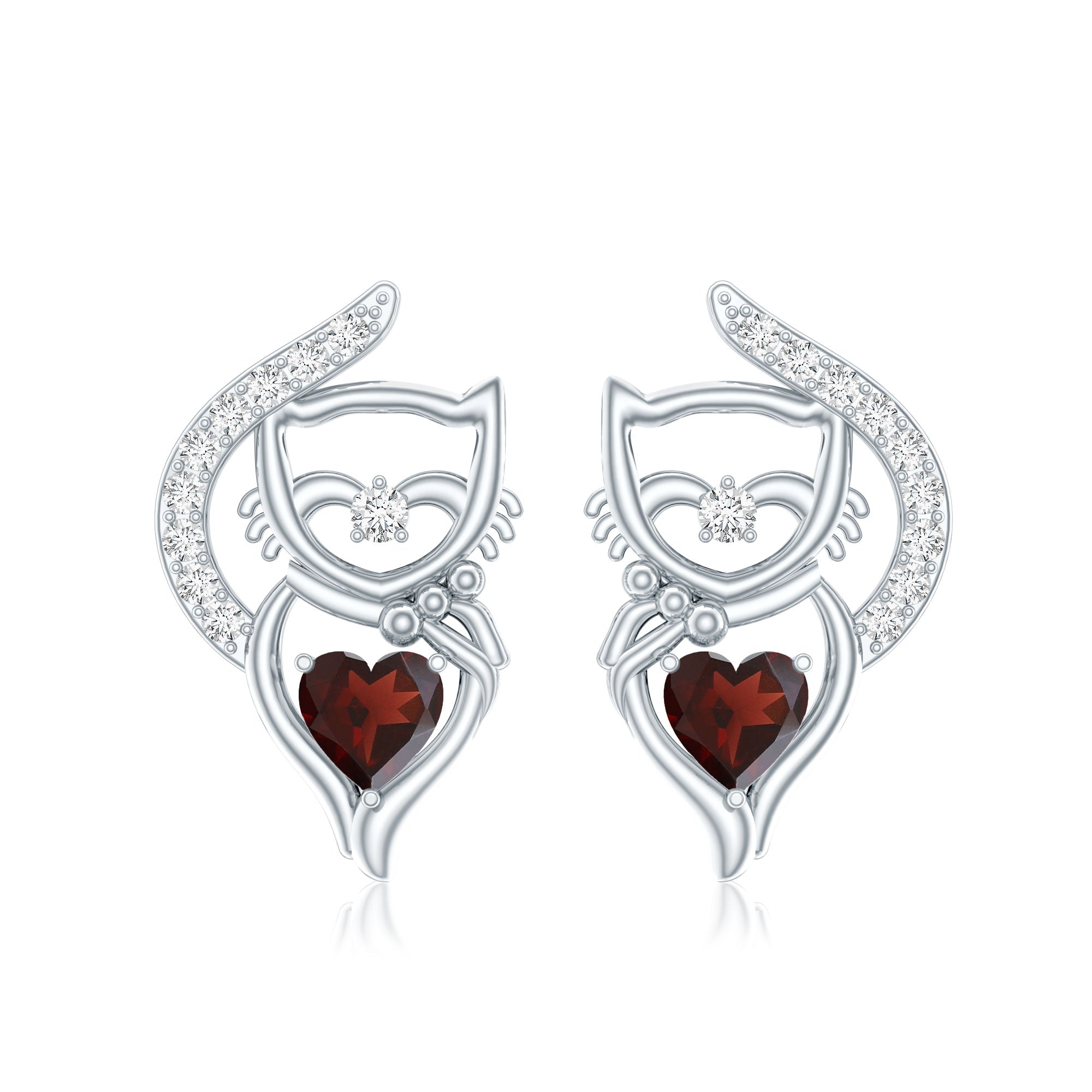 Heart Shape Garnet and Diamond Cat Stud Earrings AAA - Rosec Jewels