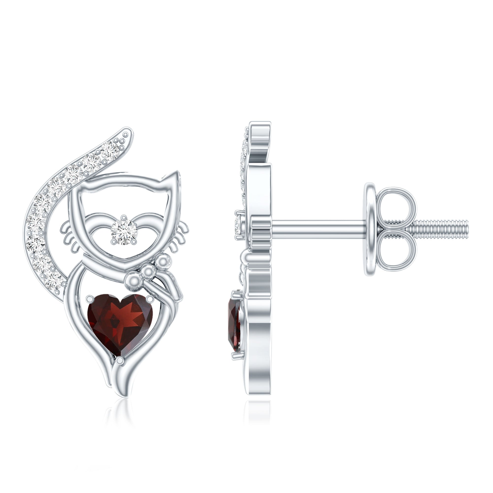 Heart Shape Garnet and Diamond Cat Stud Earrings AAA - Rosec Jewels