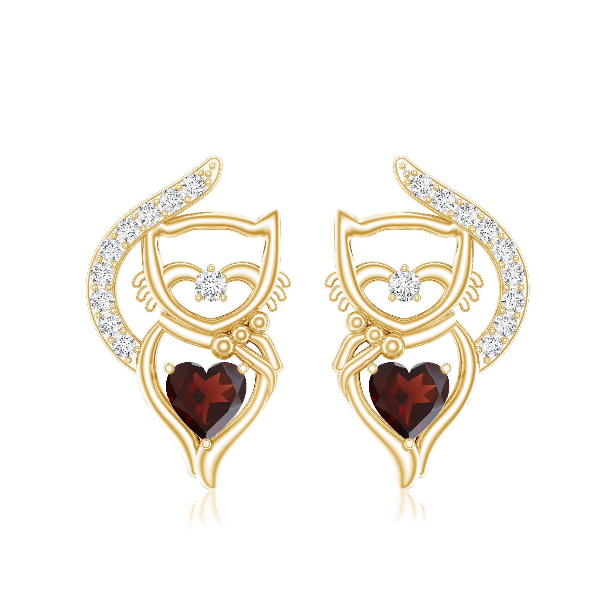 Heart Shape Garnet and Diamond Cat Stud Earrings AAA - Rosec Jewels