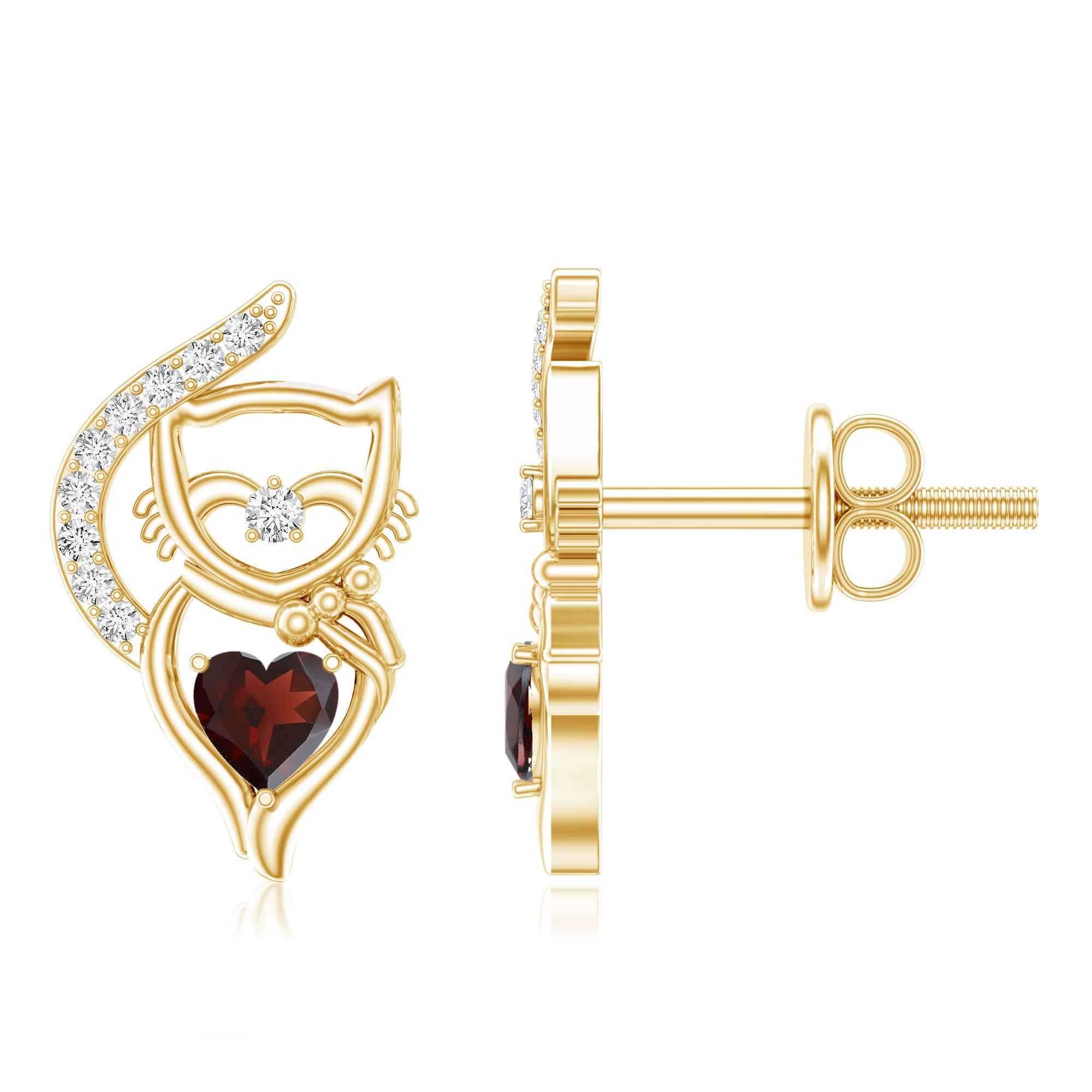 Heart Shape Garnet and Diamond Cat Stud Earrings AAA - Rosec Jewels