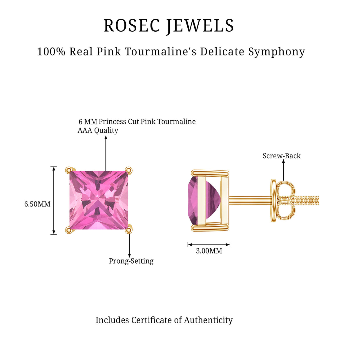 2 Carat Princess Cut Pink Tourmaline Stud Earrings with Screw Back AAA - Rosec Jewels