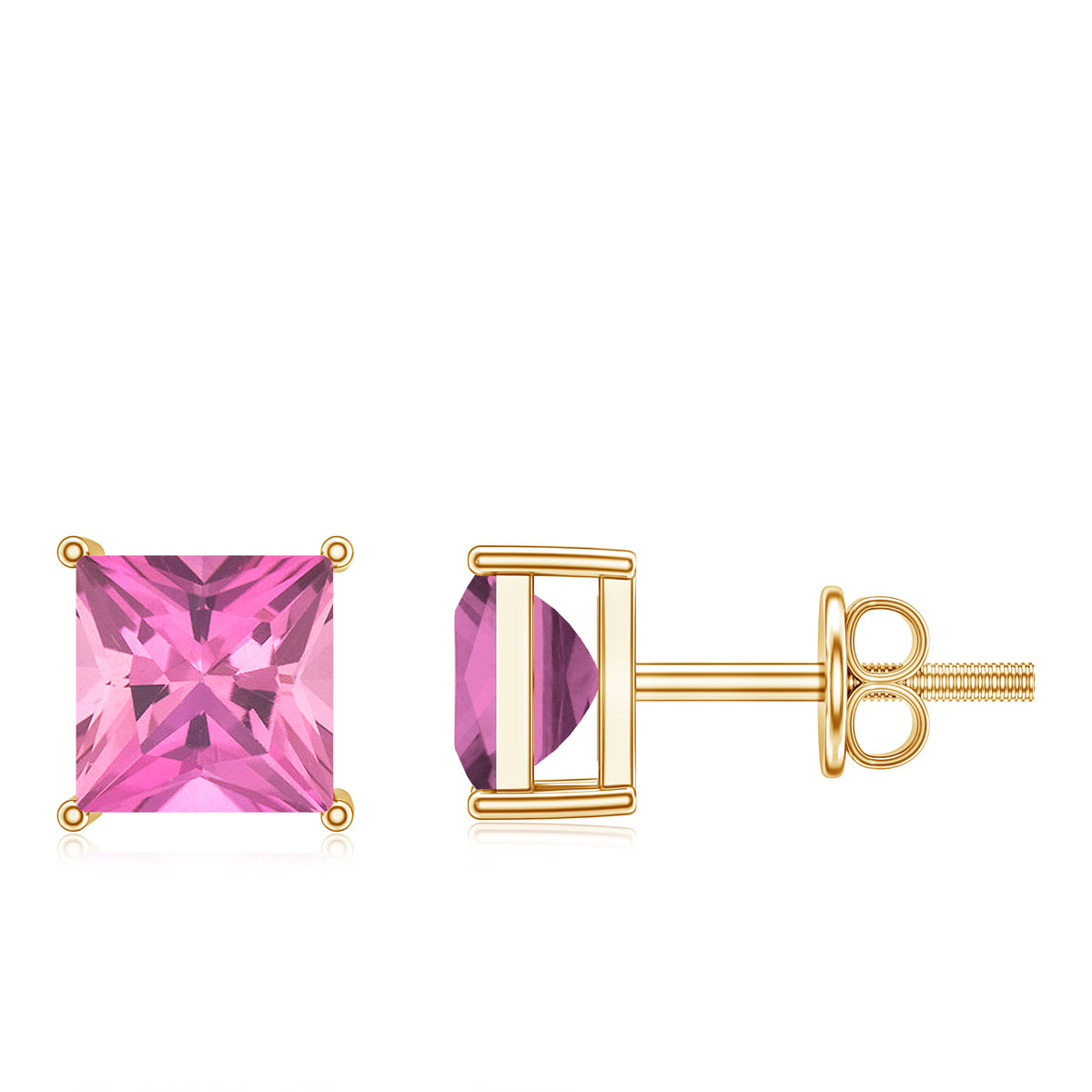 2 Carat Princess Cut Pink Tourmaline Stud Earrings with Screw Back AAA - Rosec Jewels