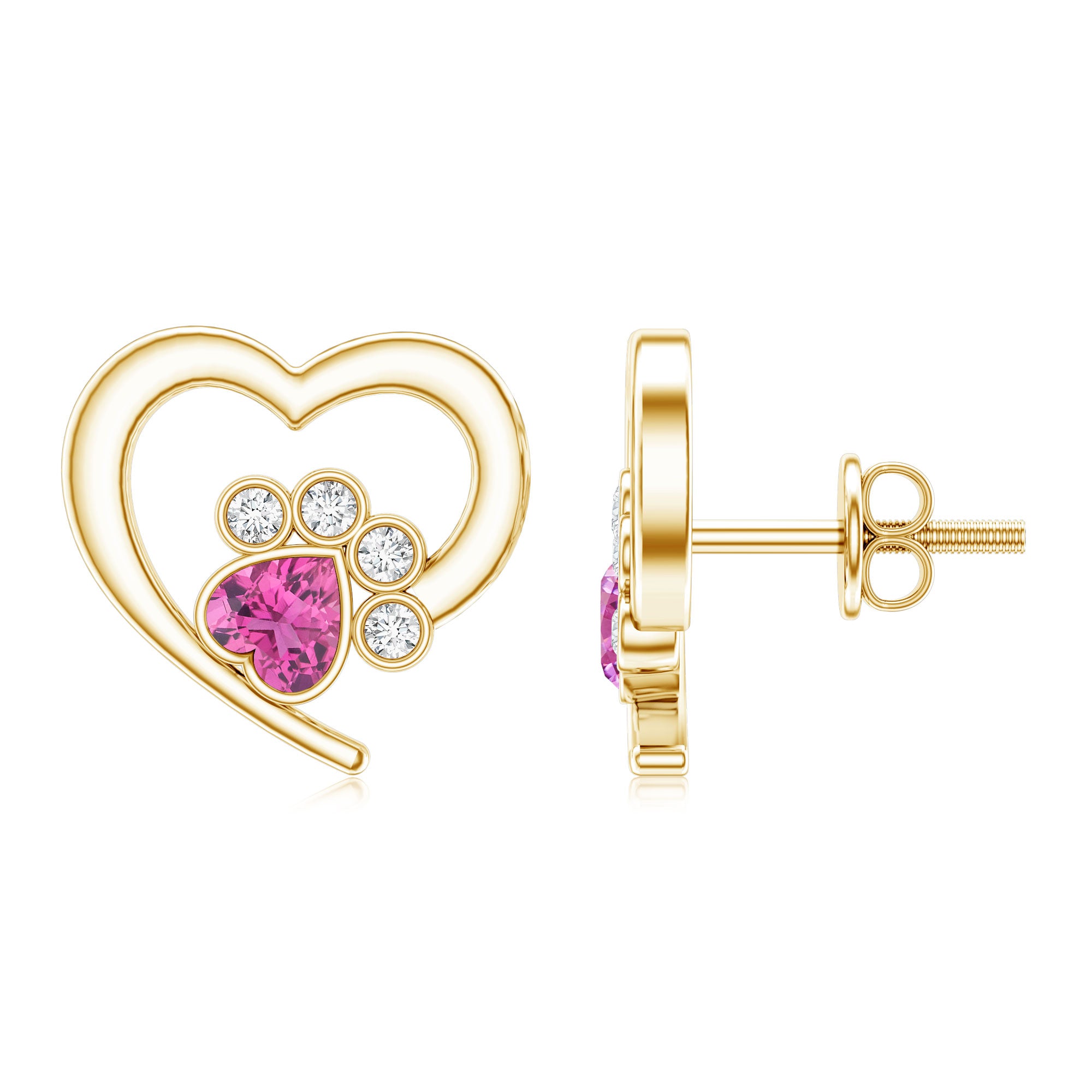 Heart Shape Pink Tourmaline and Diamond Dog Paw Stud Earrings AAA - Rosec Jewels