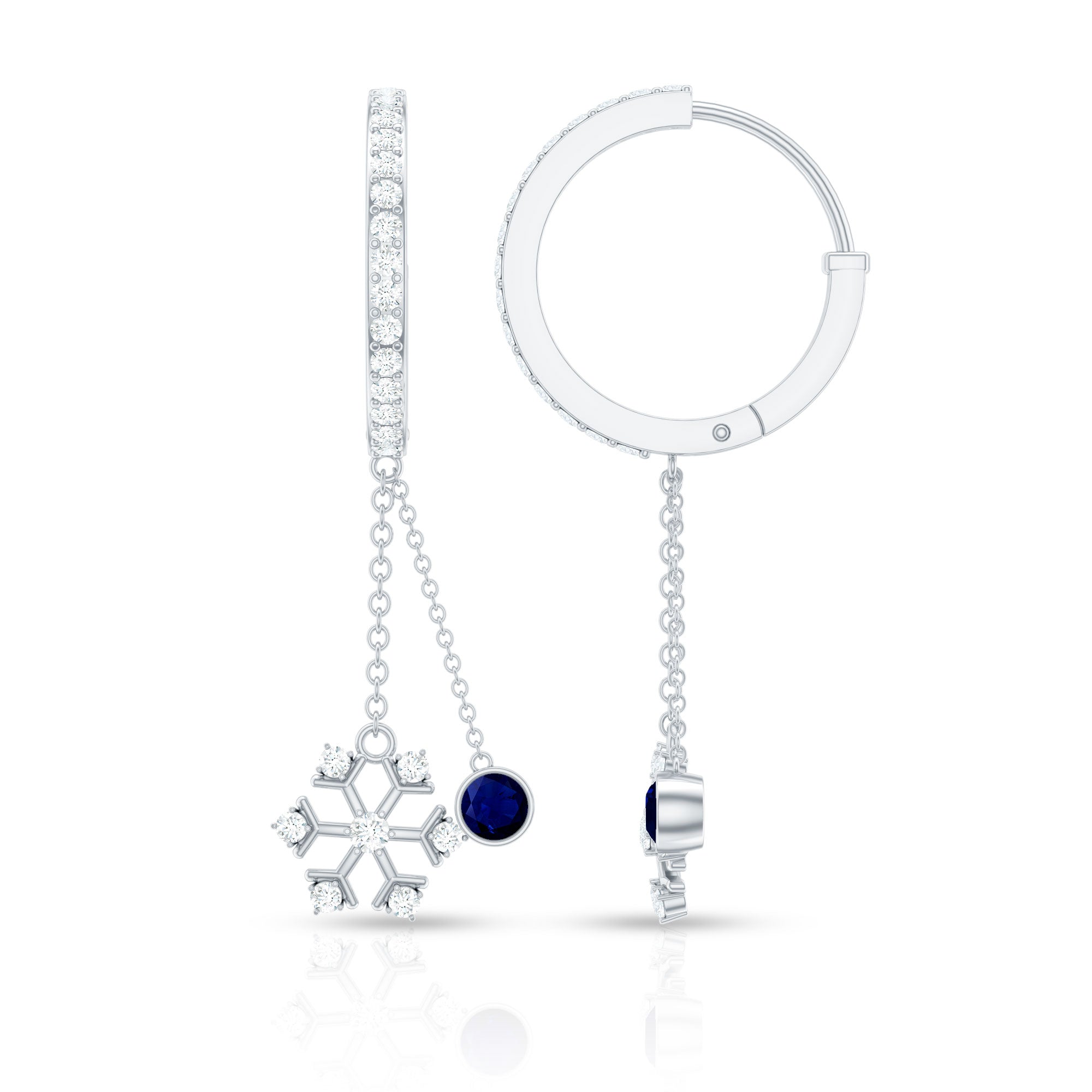 Real Blue Sapphire and Diamond Snowflake Dangle Hoop Earrings AAA - Rosec Jewels