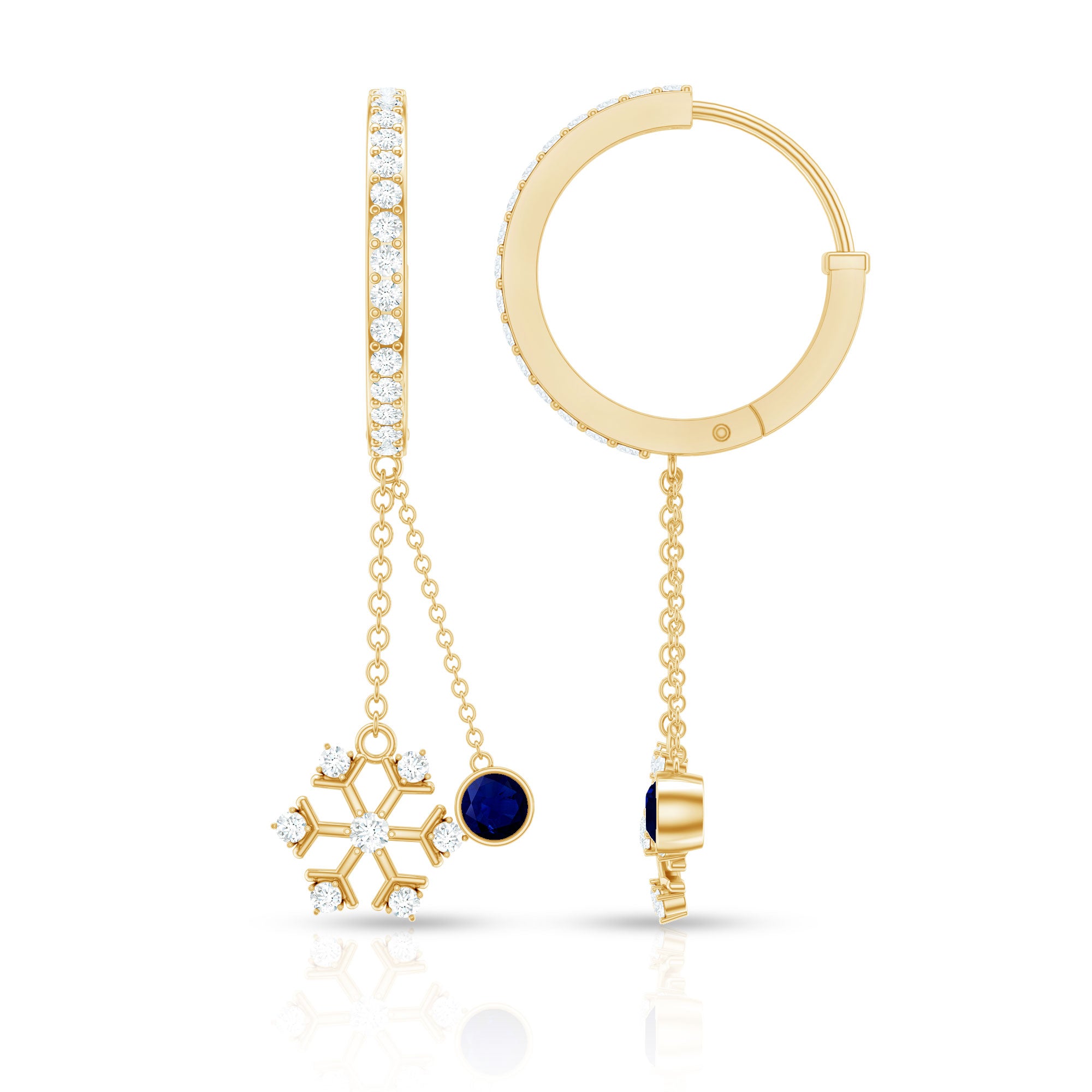 Real Blue Sapphire and Diamond Snowflake Dangle Hoop Earrings AAA - Rosec Jewels