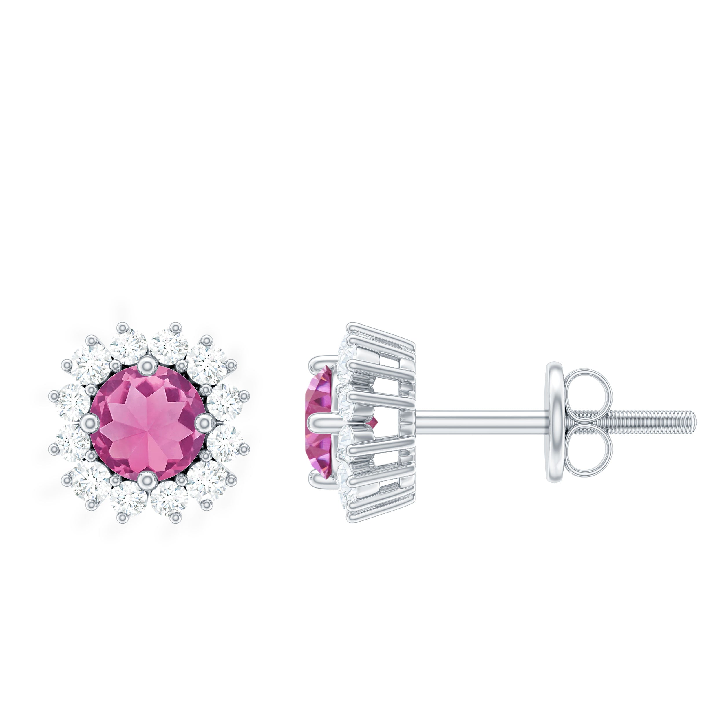 0.75 CT Pink Tourmaline and Diamond Halo Classic Stud Earrings Pink Tourmaline - ( AAA ) - Quality - Rosec Jewels