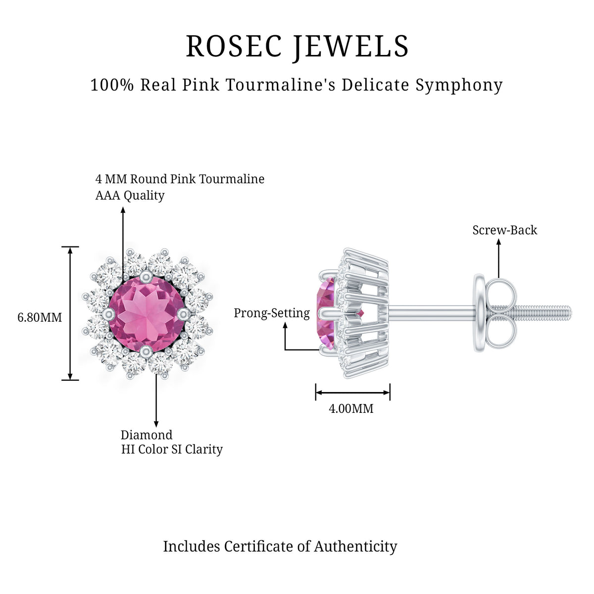 Natural Pink Tourmaline Stud Earrings with Diamond Halo AAA - Rosec Jewels