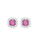 Natural Pink Tourmaline Stud Earrings with Diamond Halo AAA - Rosec Jewels