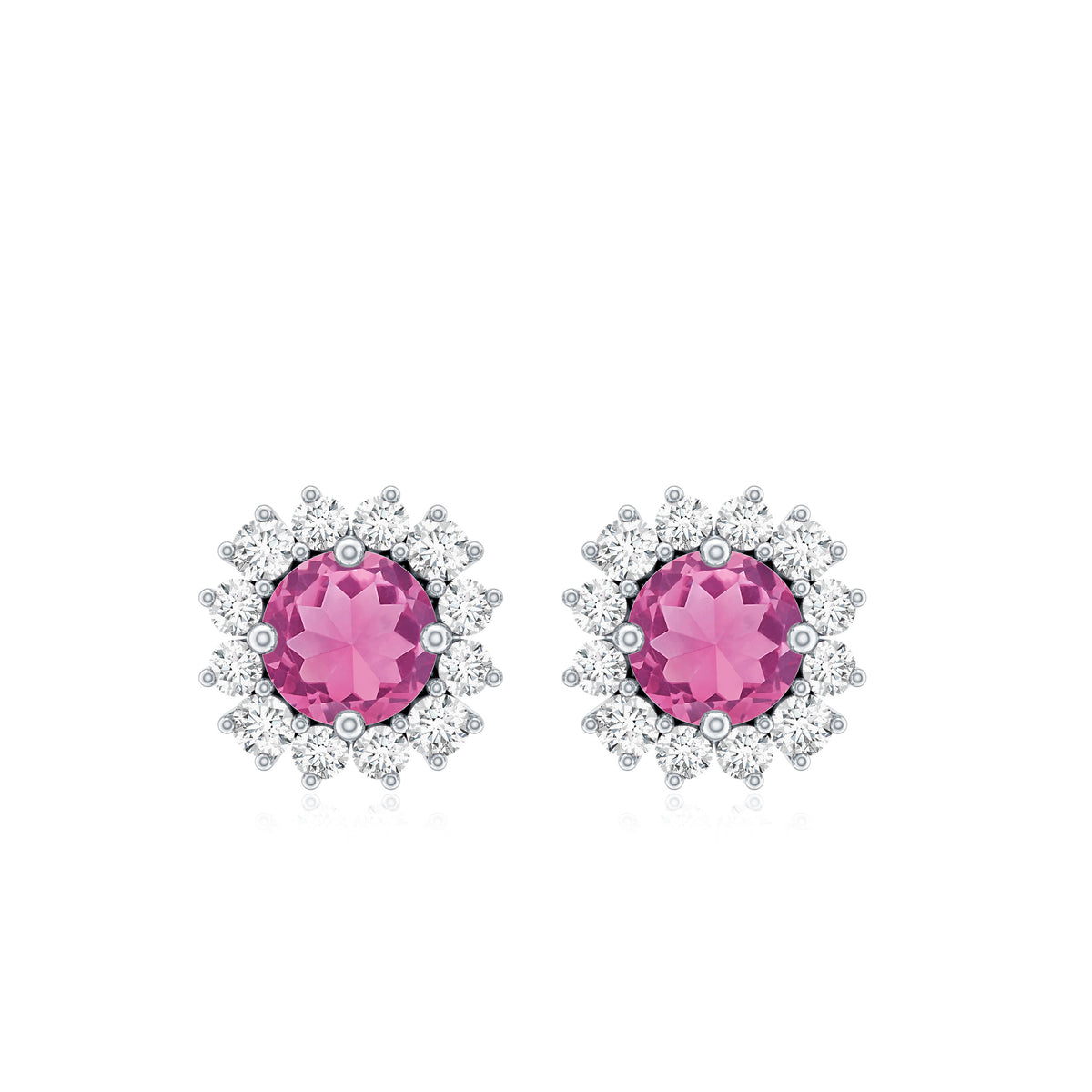 Natural Pink Tourmaline Stud Earrings with Diamond Halo AAA - Rosec Jewels