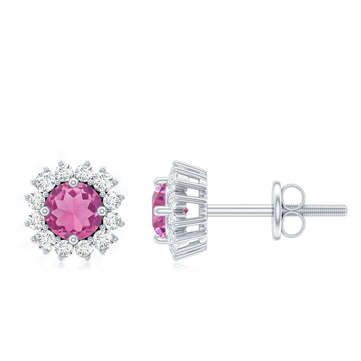 Natural Pink Tourmaline Stud Earrings with Diamond Halo AAA - Rosec Jewels