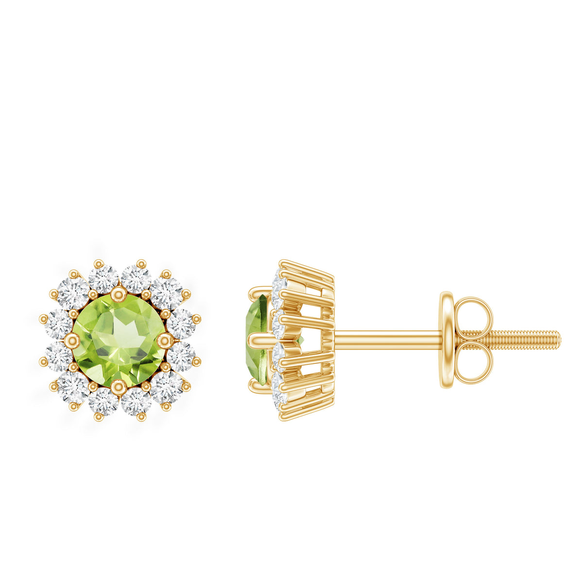 Natural 1 Carat Peridot Stud Earrings with Diamond Halo AAA - Rosec Jewels