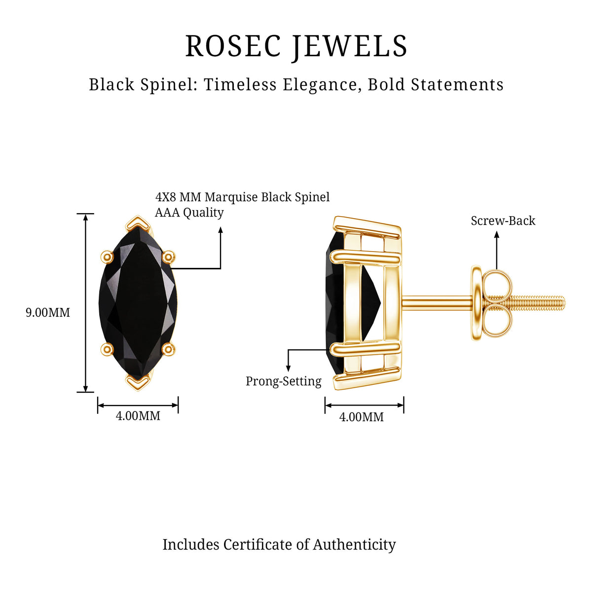 1.4 CT Marquise Black Spinel Solitaire Stud Earrings AAA - Rosec Jewels