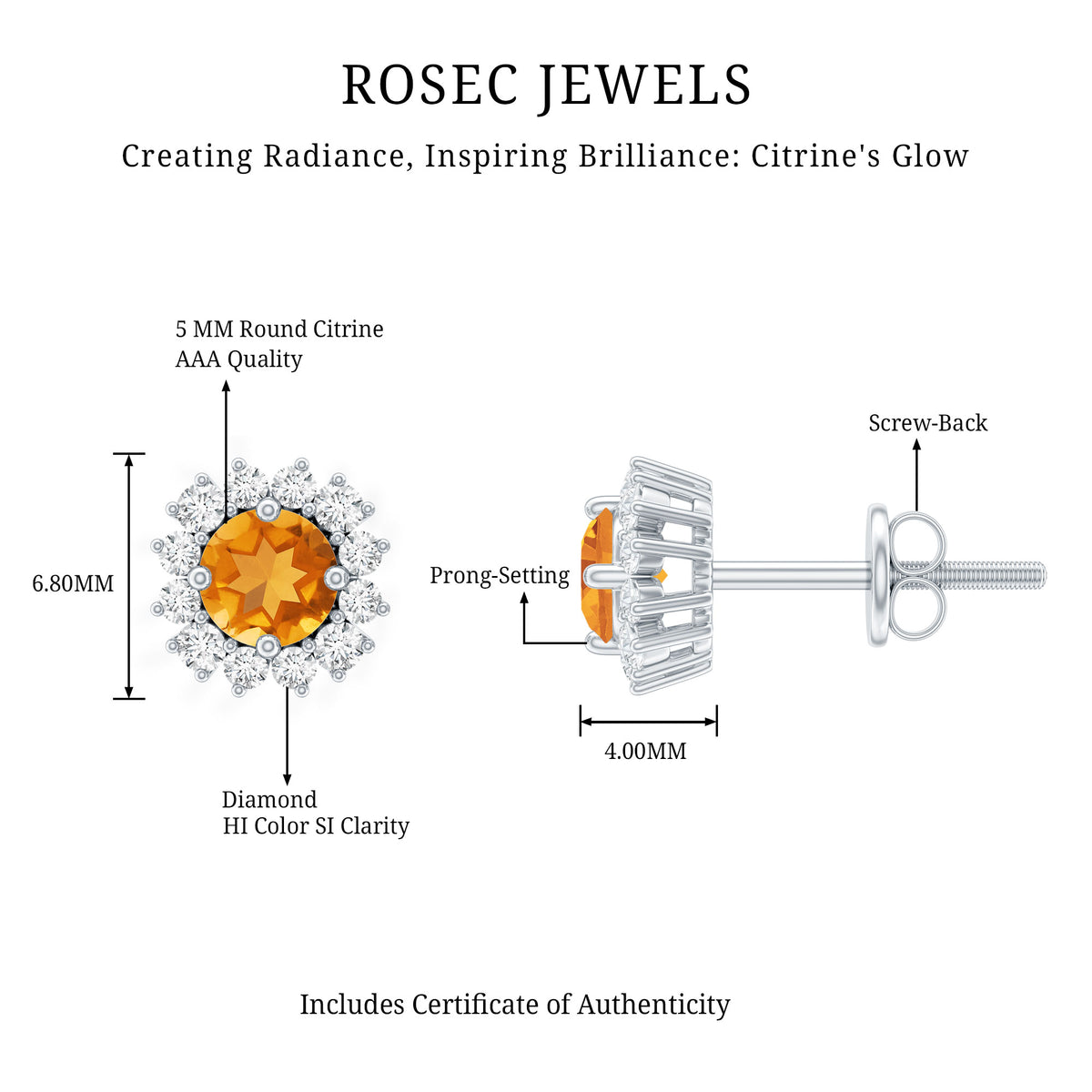 1 Carat Classic Yellow Citrine and Diamond Halo Stud Earrings AAA - Rosec Jewels