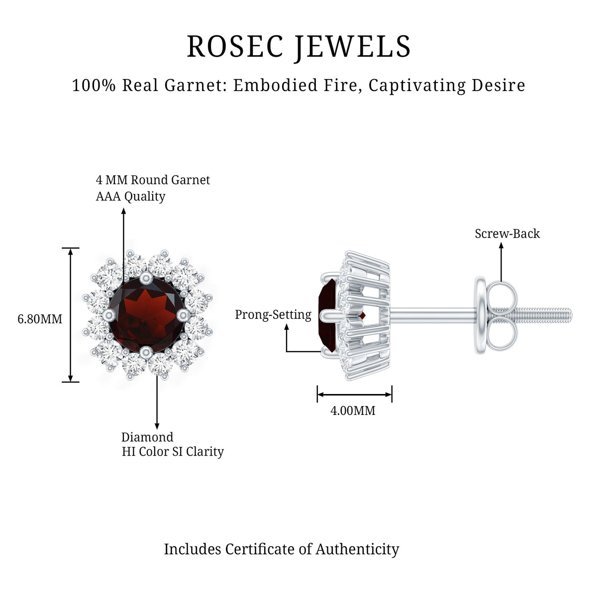 Genuine Garnet and Diamond Halo Stud Earrings AAA - Rosec Jewels