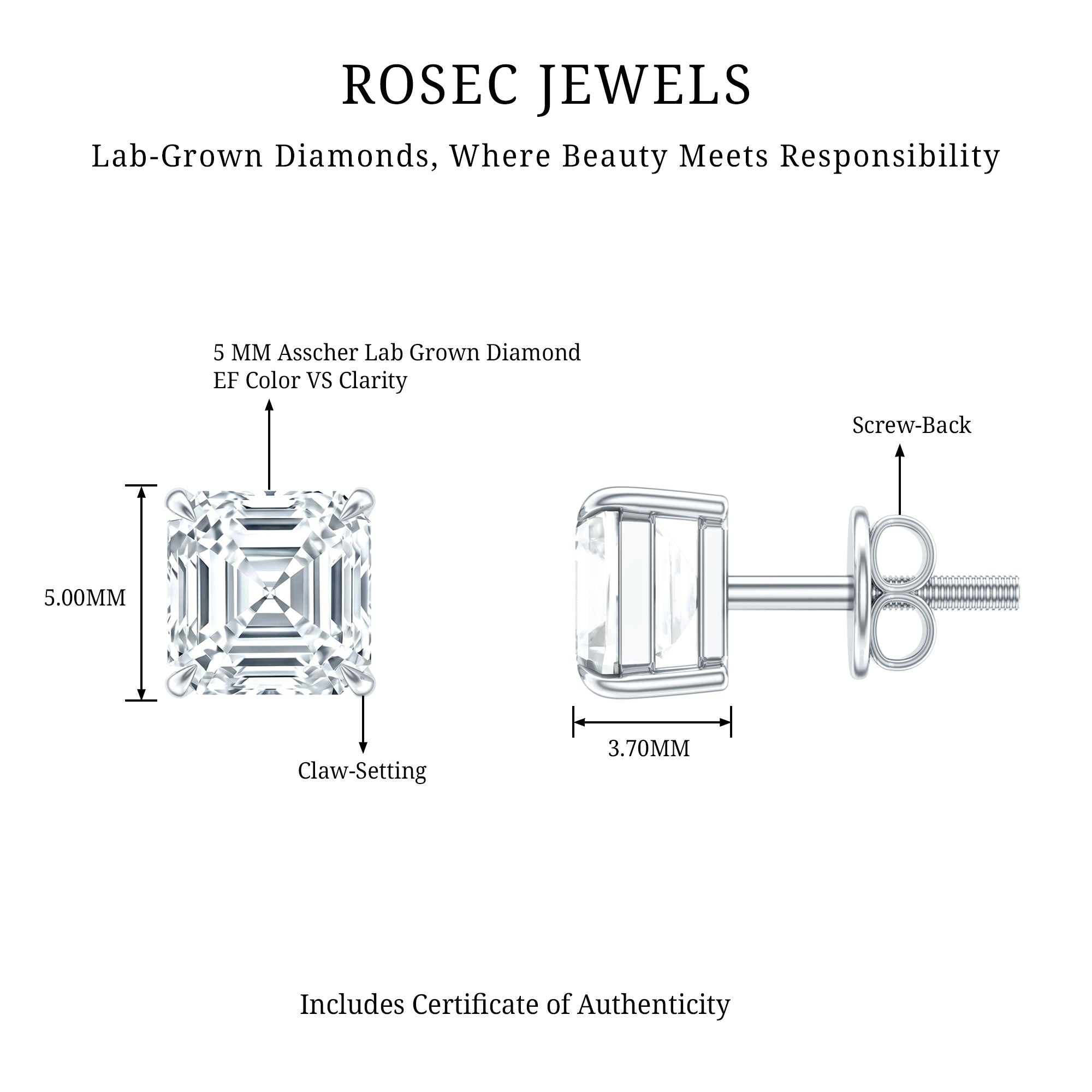 Rosec Jewels-Certified 1.4 Carat Asscher Cut Lab Grown Diamond Stud Earrings