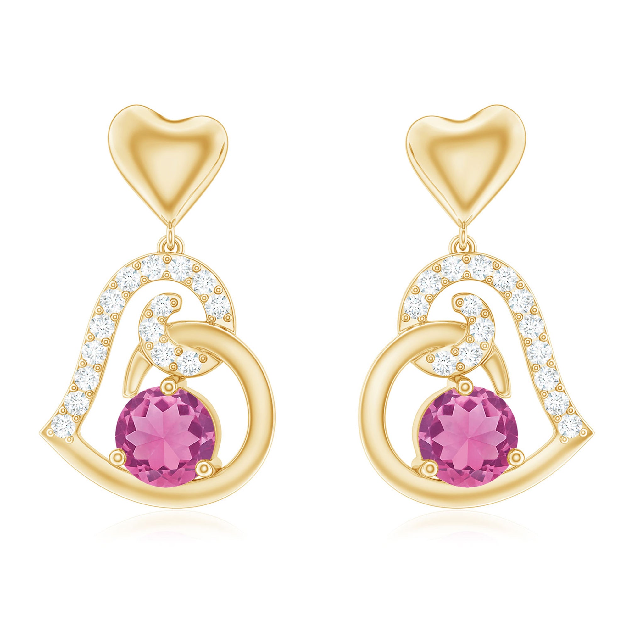Real Pink Tourmaline and Diamond Heart Drop Earrings AAA - Rosec Jewels